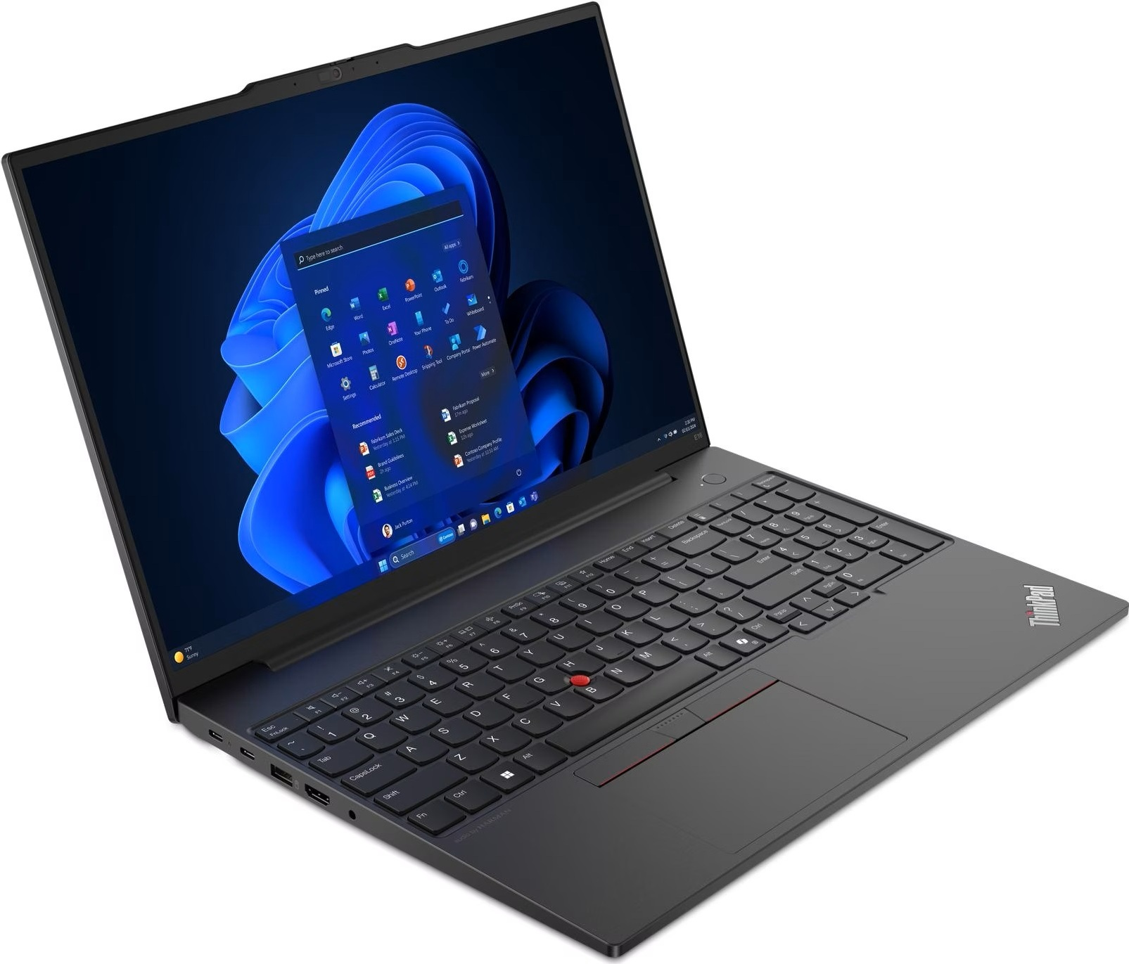 Ein dunkelgraues ThinkPad-Laptop ist geöffnet und zeigt die Windows 11-Oberfläche. Der Bildschirm zeigt App-Symbole, Tastatur und Touchpad sind sichtbar.