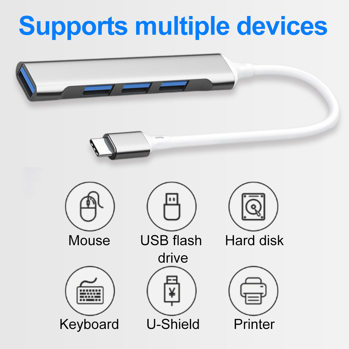 Ein USB-Hub mit mehreren Anschlüssen, Icons für angeschlossene Geräte sind Maus, USB, Festplatte, Tastatur, U-Shield und Drucker.
