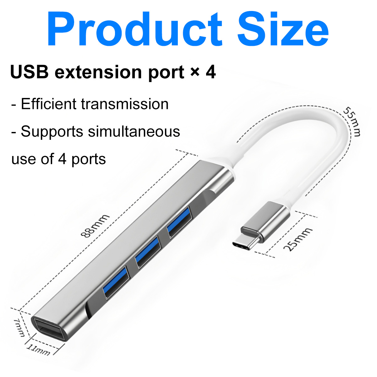 Ein USB-Erweiterungsanschluss mit vier Anschlüssen, silber und blau. Abmessungen sind angegeben.