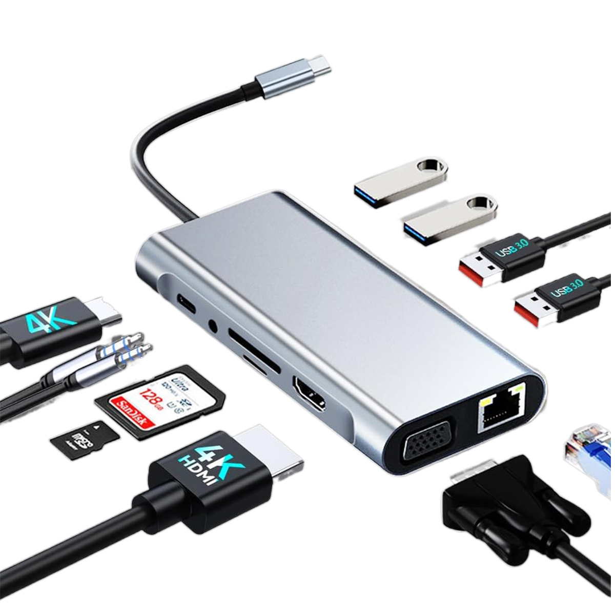 Ein silberner Hub mit verschiedenen Anschlüssen und Steckern, darunter USB, HDMI und Ethernet, sowie USB-Sticks und SD-Karten.
