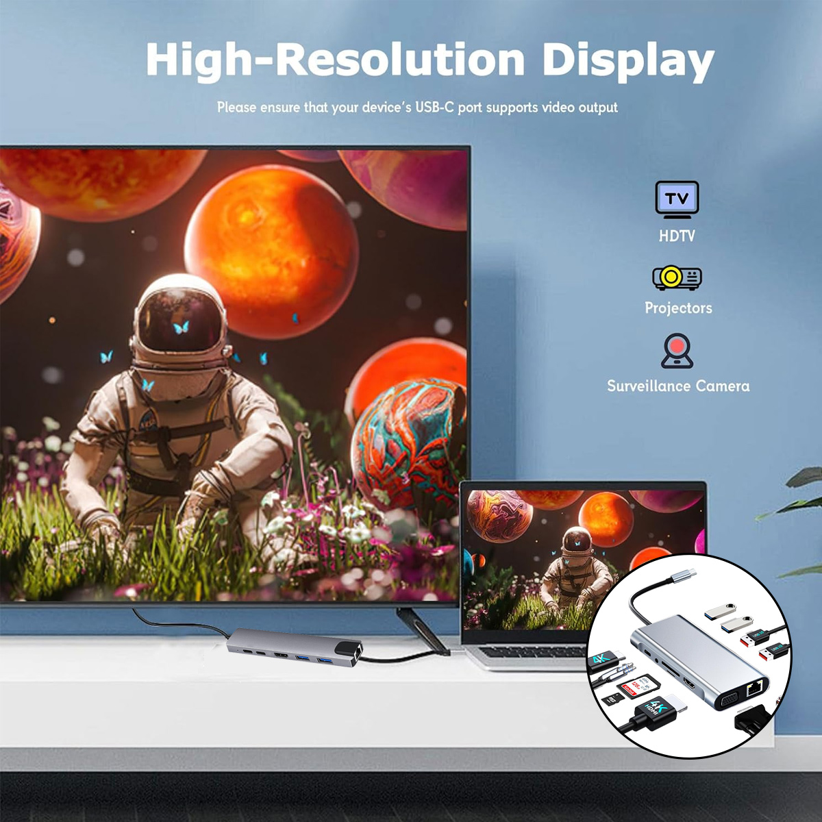 Ein Astronaut in einem Feld, dargestellt auf einem Fernseher, neben einem Laptop. Ein USB-C-Hub ist mit beiden verbunden. Text: High-Resolution Display.