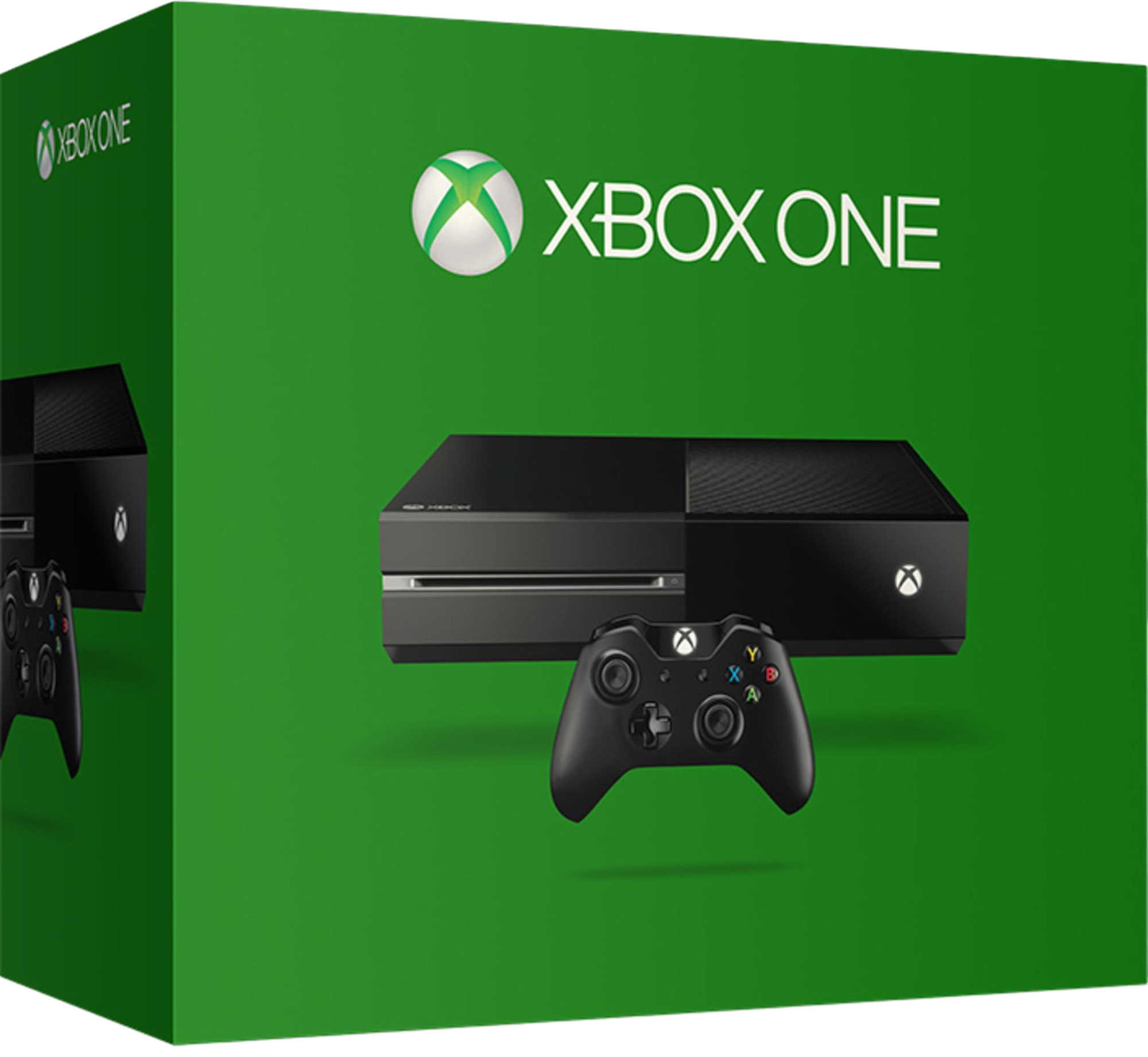 Xbox One-Konsole mit Controller auf grünem Hintergrund. Die Box befindet sich links.