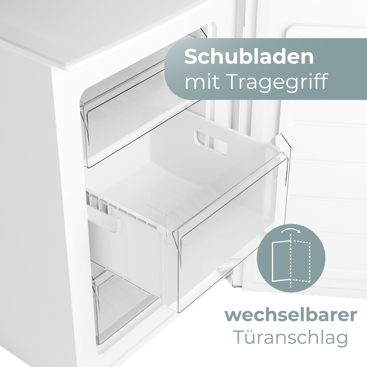 Weißer Kühlschrankinnenraum mit offenen Schubladen. Text auf Deutsch zeigt Schubladen mit Griffen und wechselbarem Türanschlag.
