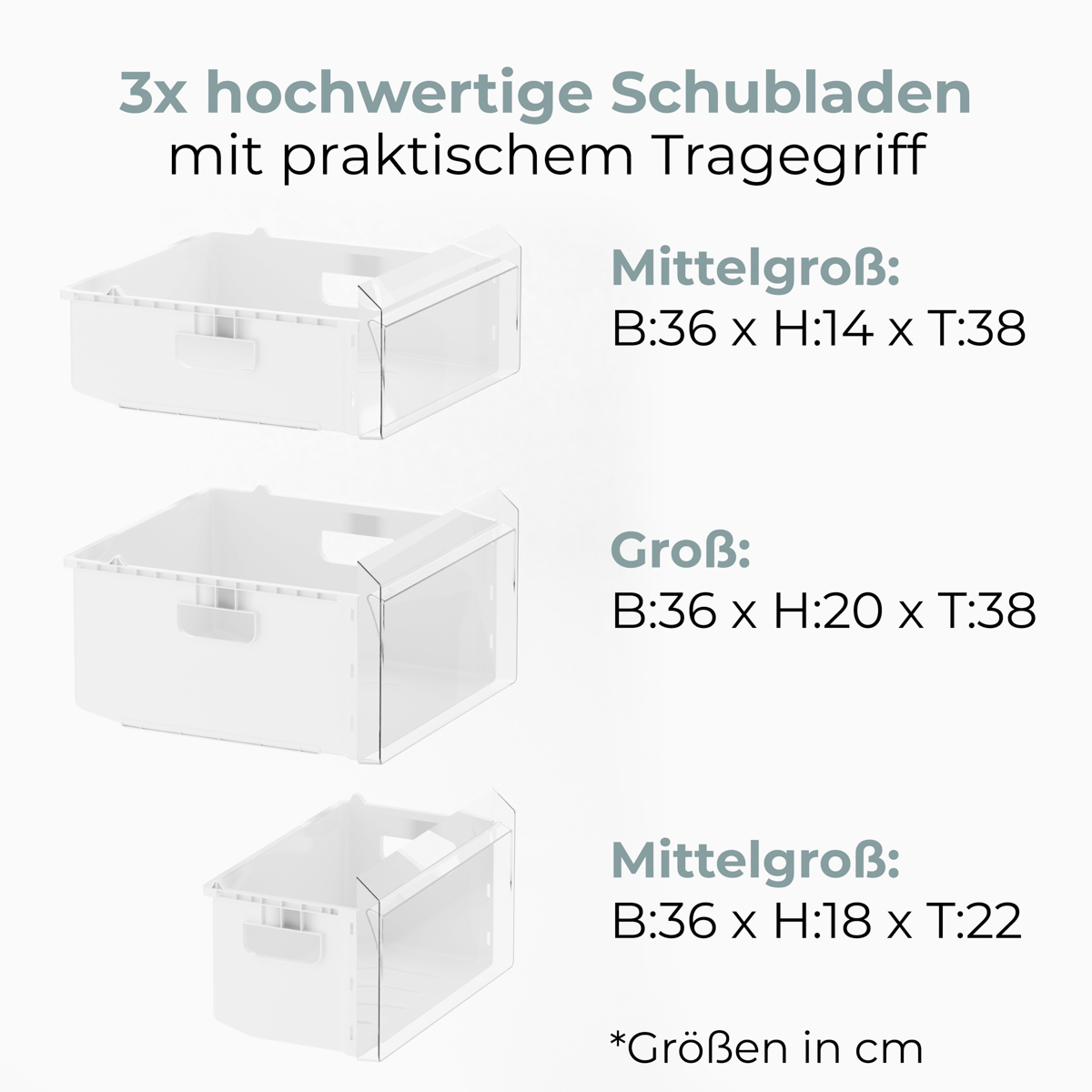 Drei weiße Aufbewahrungsschubladen mit Griffen. Textdetails zu Größen. Etiketten sagen: Mittelgroß, Groß. Der Hintergrund ist hellgrau.