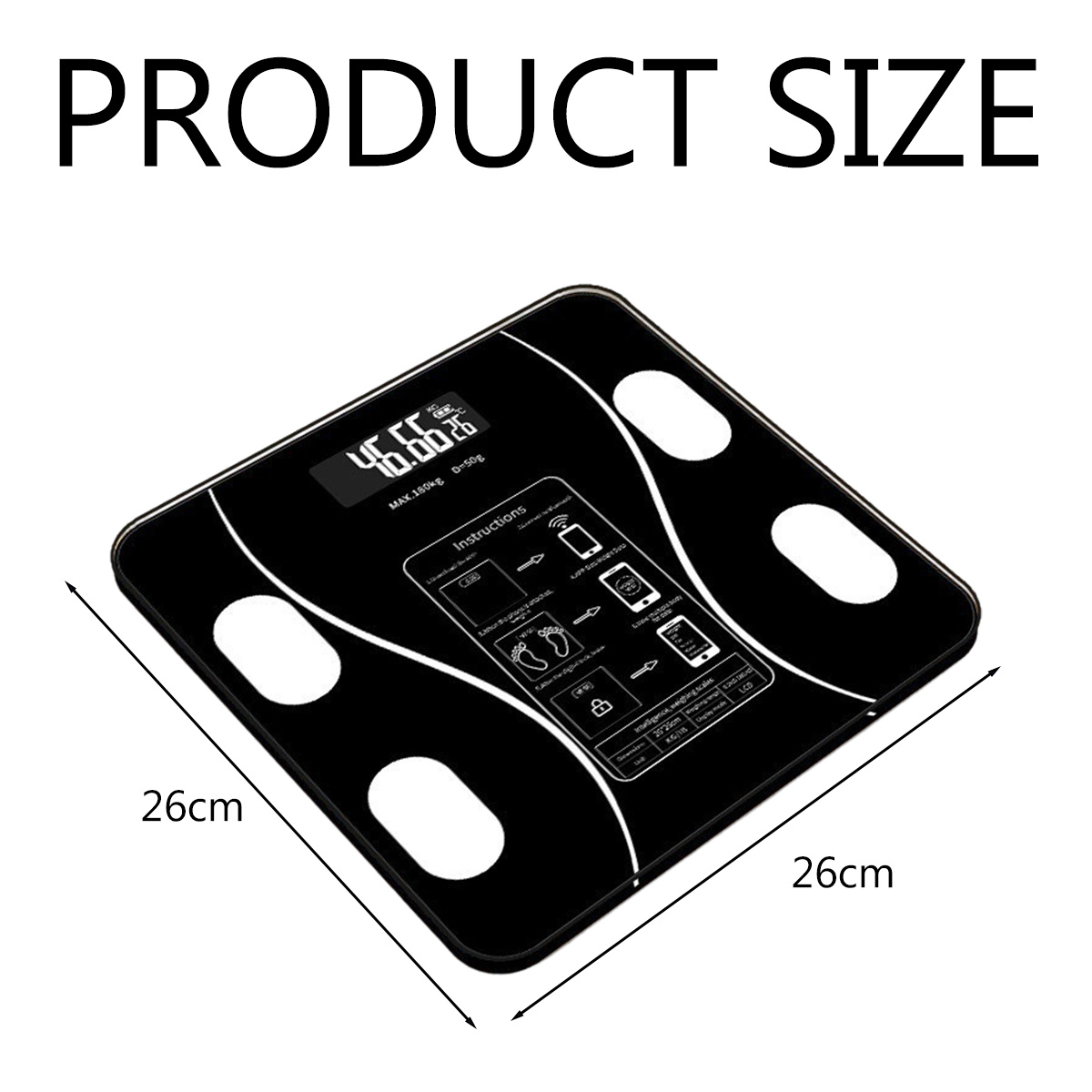 Schwarze quadratische Waage mit weißen Fußpolstern. Text: 'Produktgröße'. Anzeige: 46,66 kg. Abmessungen: 26 cm x 26 cm.