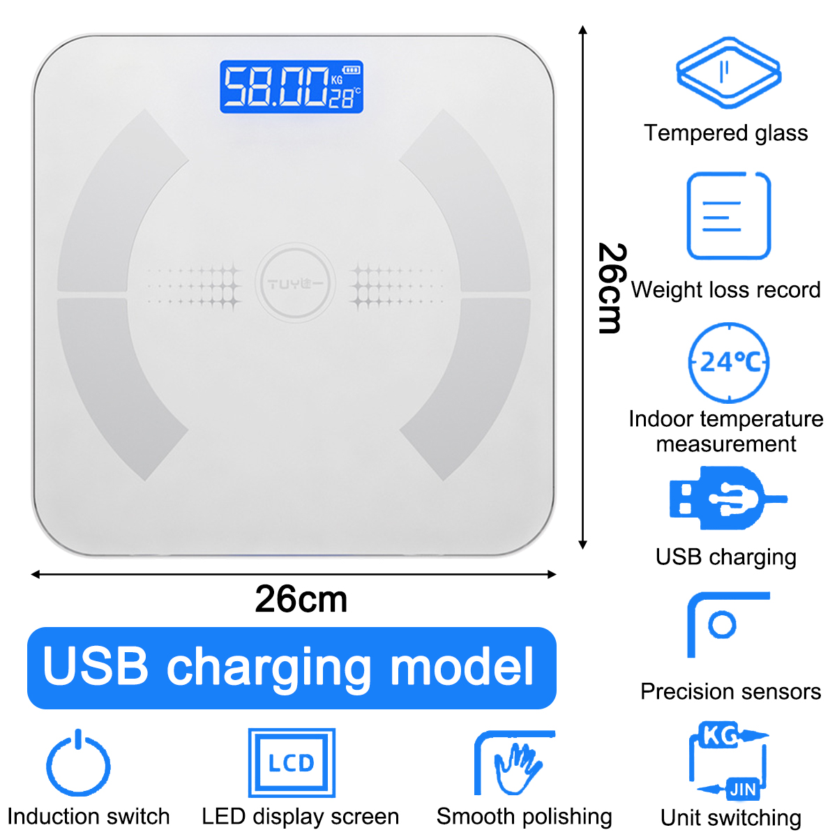 Eine weiße Digitalwaage mit blauem Display, das das Gewicht anzeigt. Merkmale umfassen USB-Aufladung und Temperaturmessung.