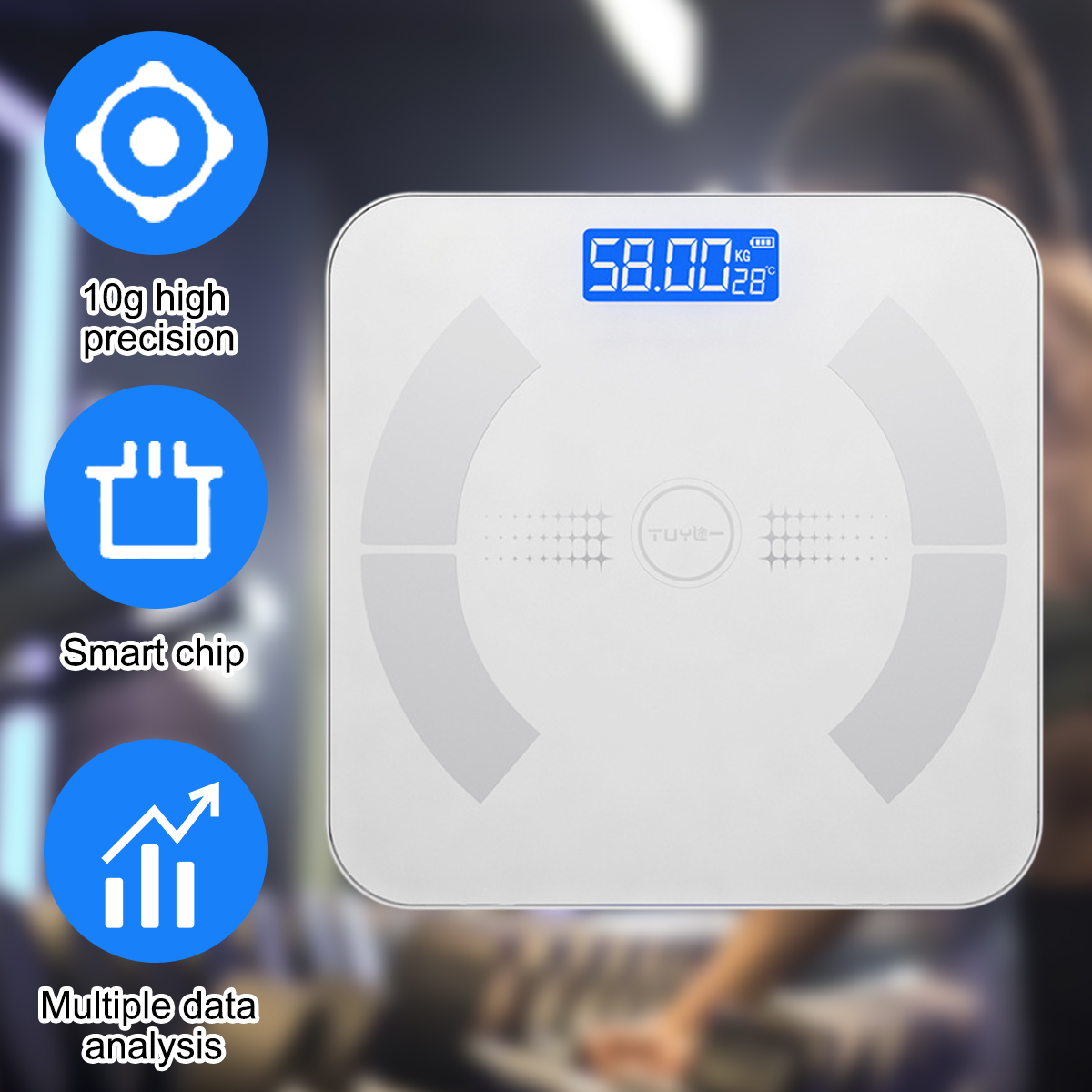 Eine weiße Digitalwaage zeigt 58,00 kg und 28°C an. Blaue Symbole weisen auf hohe Präzision, Smart Chip und Datenanalyse hin.