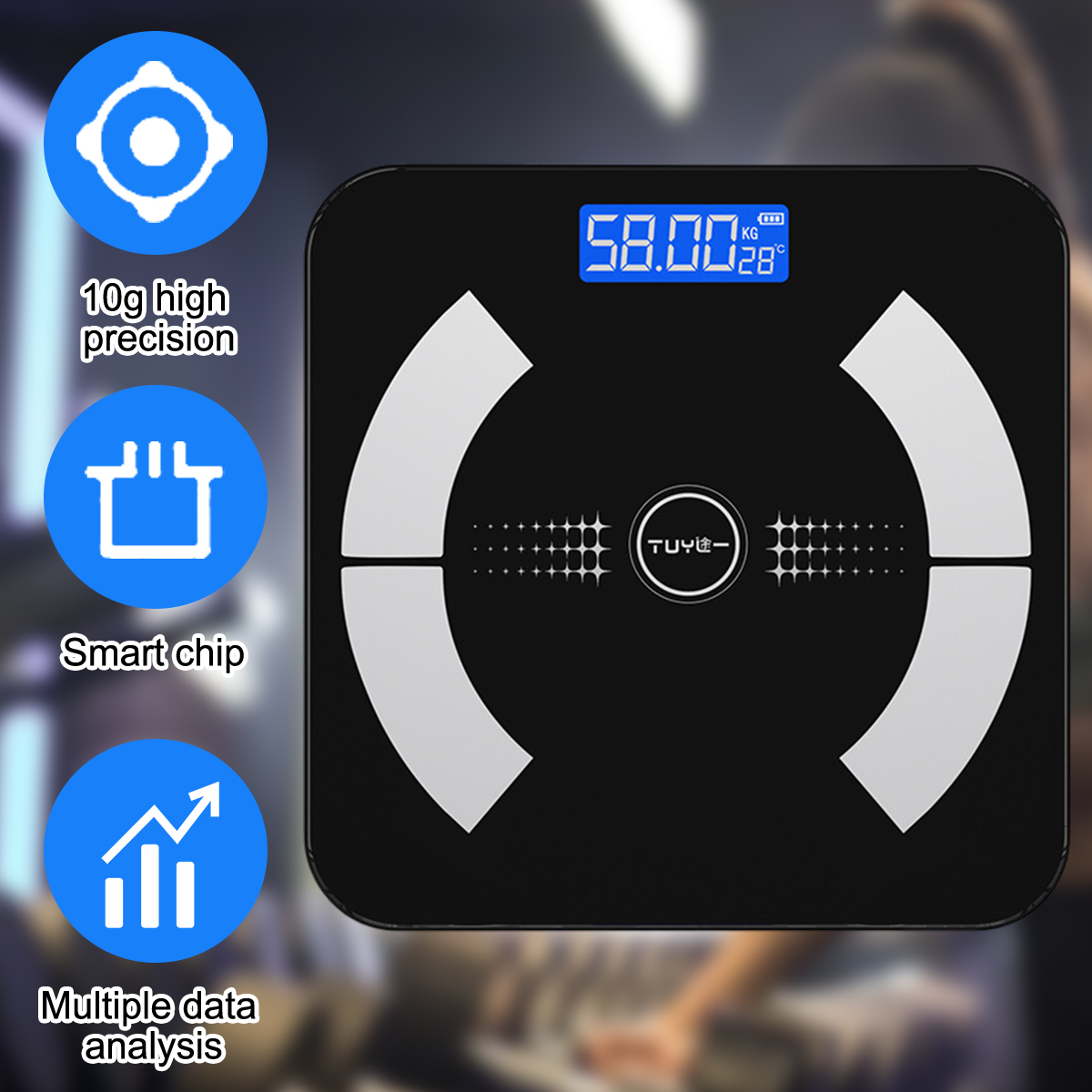 Schwarze Digitalwaage mit 58,00 kg, 28°C. Merkmale: hohe Präzision, Smart Chip und mehrfache Datenanalyse.