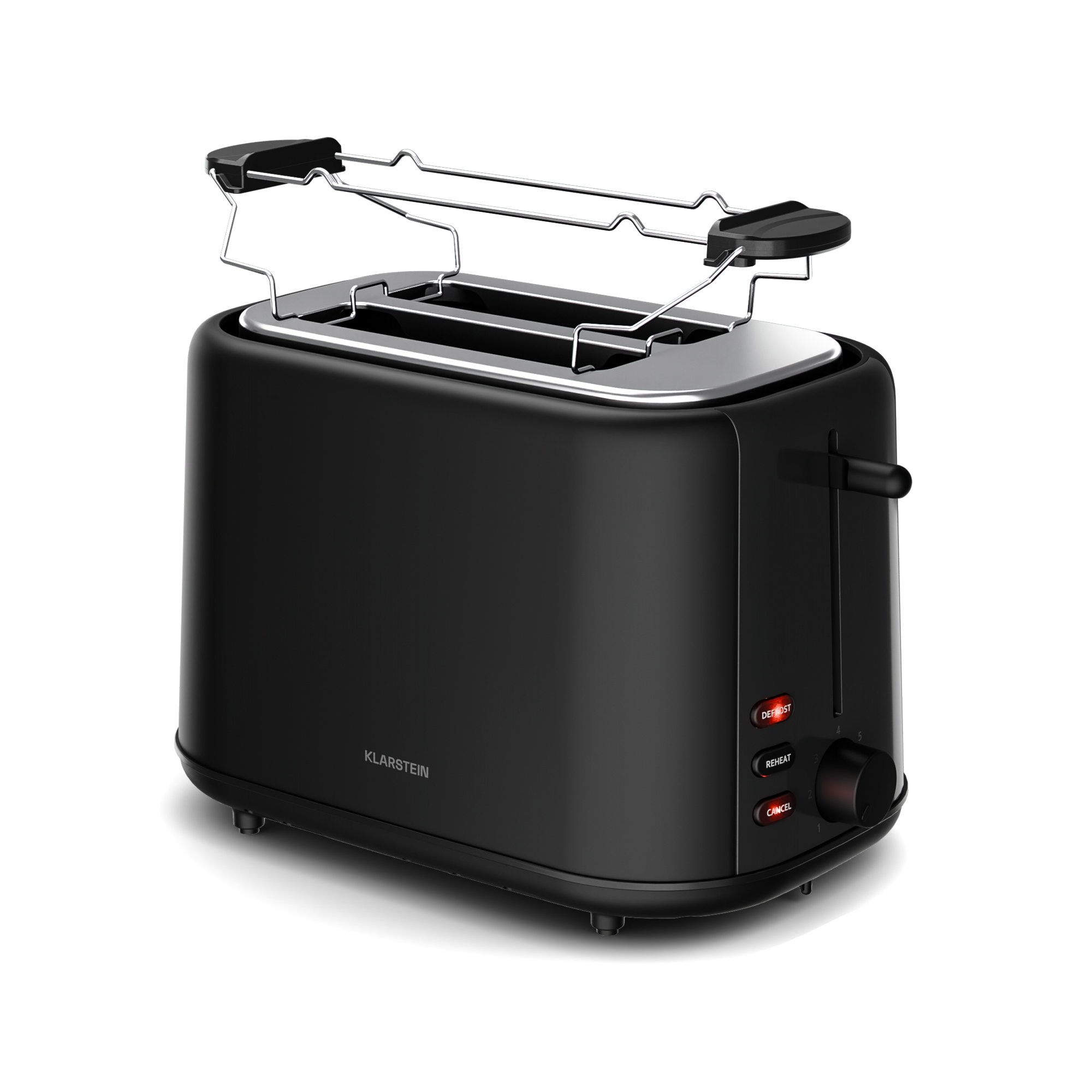 Schwarzer Toaster mit Chromakzenten. Er hat einen Hebel, Knöpfe und einen Drehregler. Die Marke ist Klarstein.