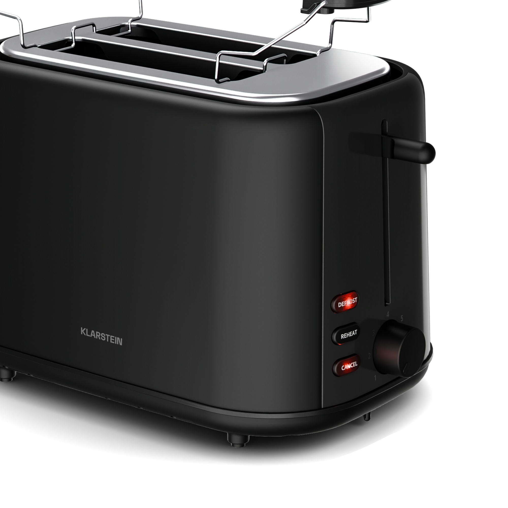 Schwarzer Toaster mit Chromakzenten. Er hat Tasten für Auftauen, Aufwärmen und Abbrechen sowie einen Drehregler.