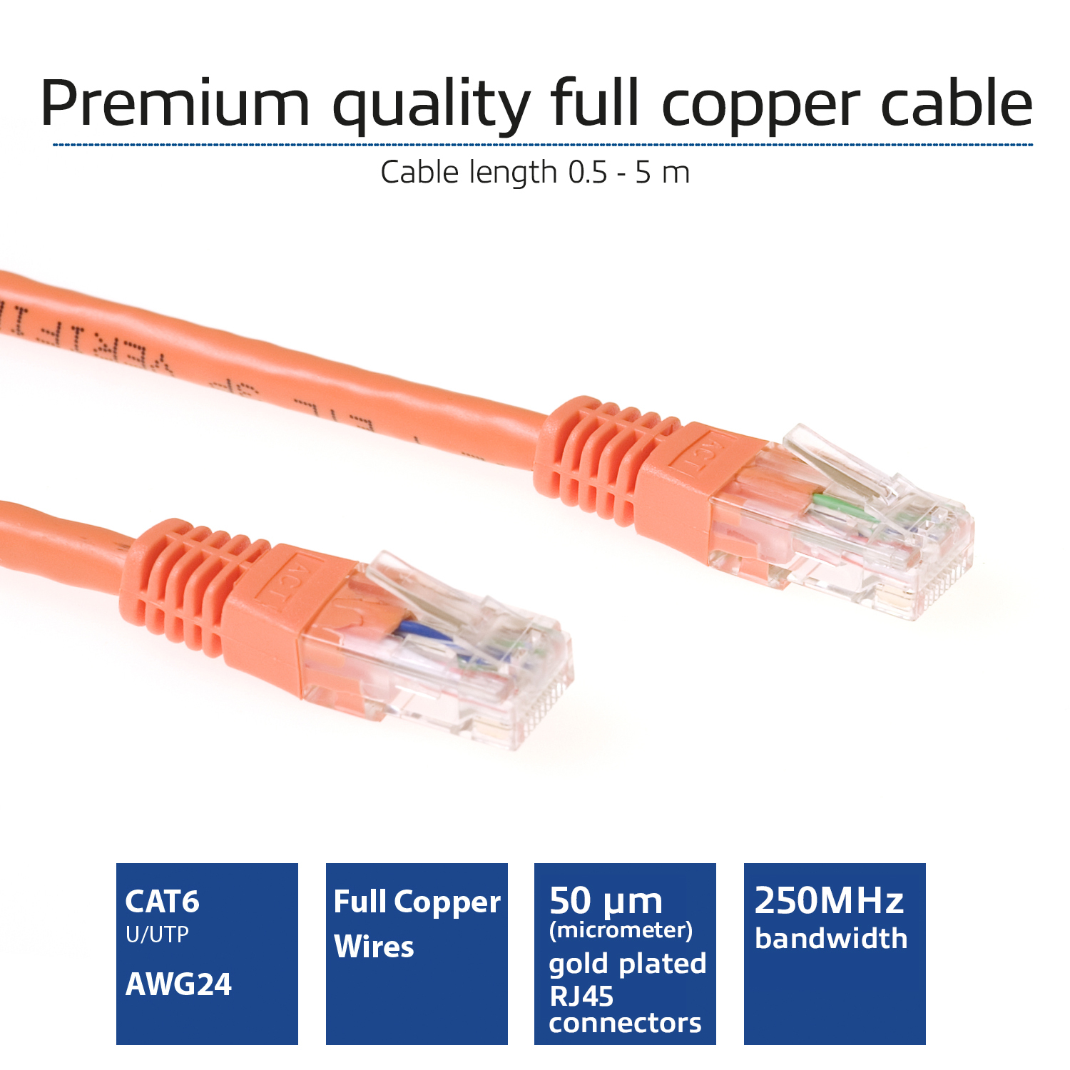 Oranges Netzwerkkabel mit Steckern. Text: Premium Qualität Kupferkabel, CAT6, 250MHz Bandbreite.