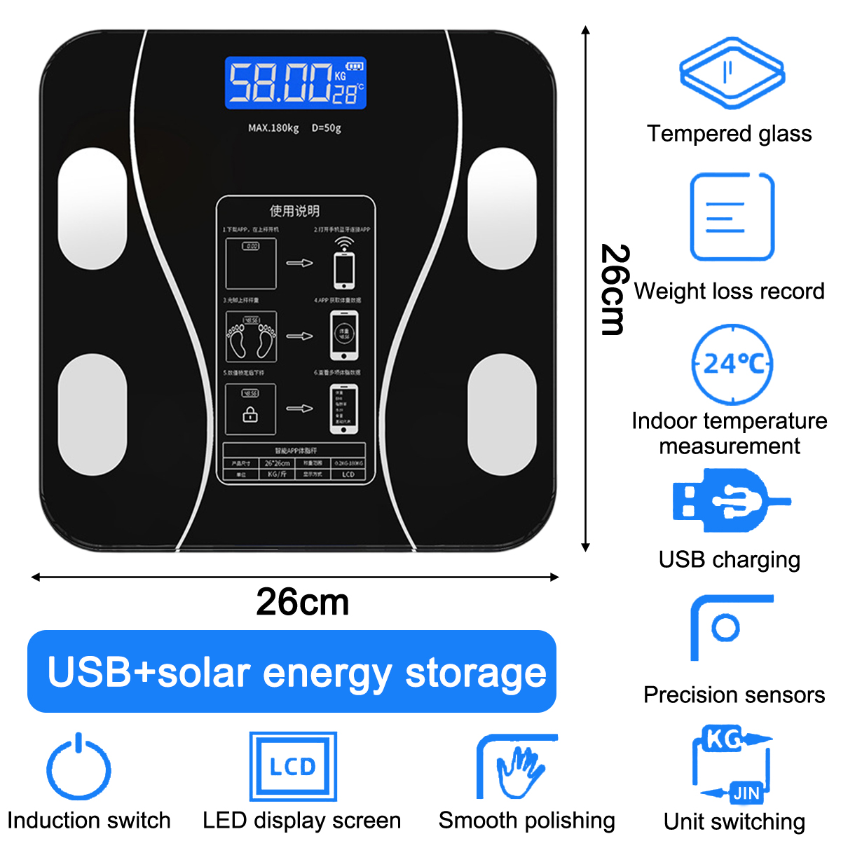 Eine schwarze Digitalwaage mit LCD, 58,00 KG Anzeige und Funktionen wie USB-Aufladung, Induktionsschalter und Umschaltung.