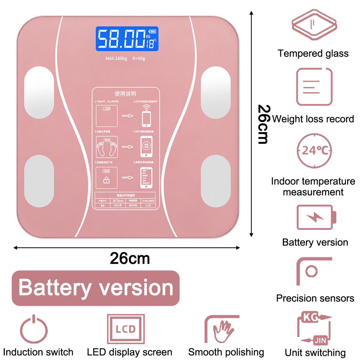 Eine rosa Digitalwaage zeigt 58,00 kg an. Sie enthält Anweisungen, Symbole und die Aufschrift „Akkutyp“.