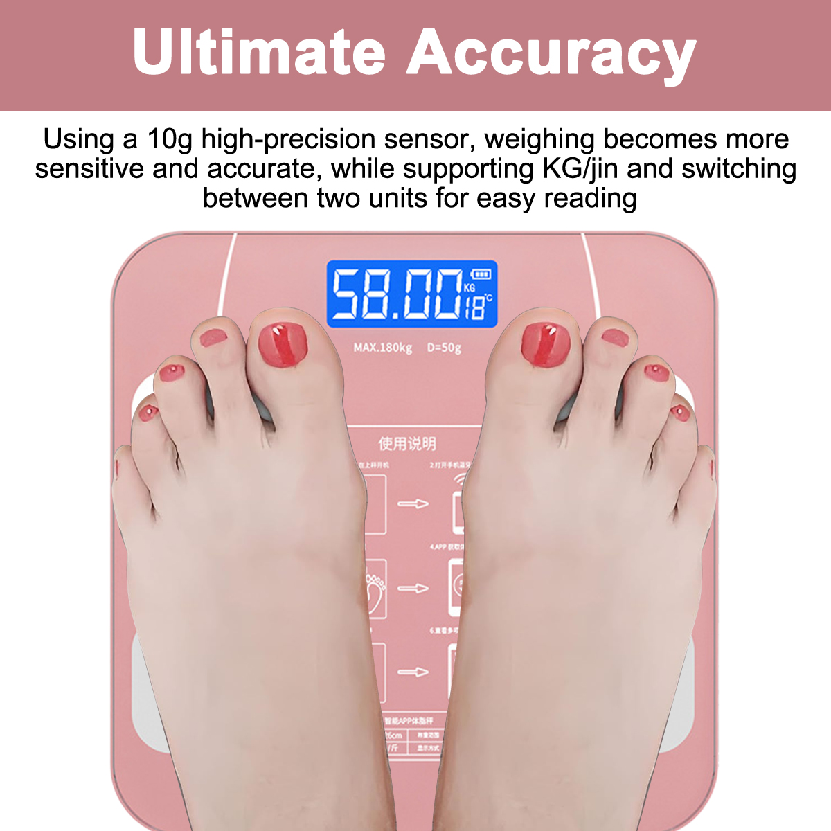 Füße einer Person auf einer rosa Digitalwaage, die 58,00 kg anzeigt. Die Waage hat Anweisungen und einen rosa Hintergrund.