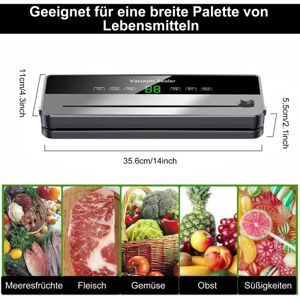 Ein Vakuumierer mit Größenangaben. Darunter sind Bilder von Meeresfrüchten, Fleisch, Gemüse, Obst und Süßigkeiten. Deutscher Text ist sichtbar.