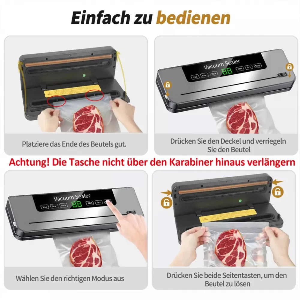 Anweisungen zur Verwendung eines Vakuumiergeräts. Zeigt das Einlegen des Beutels, das Versiegeln, die Modusauswahl und das Freigeben. Enthält ein Steak im Beutel.