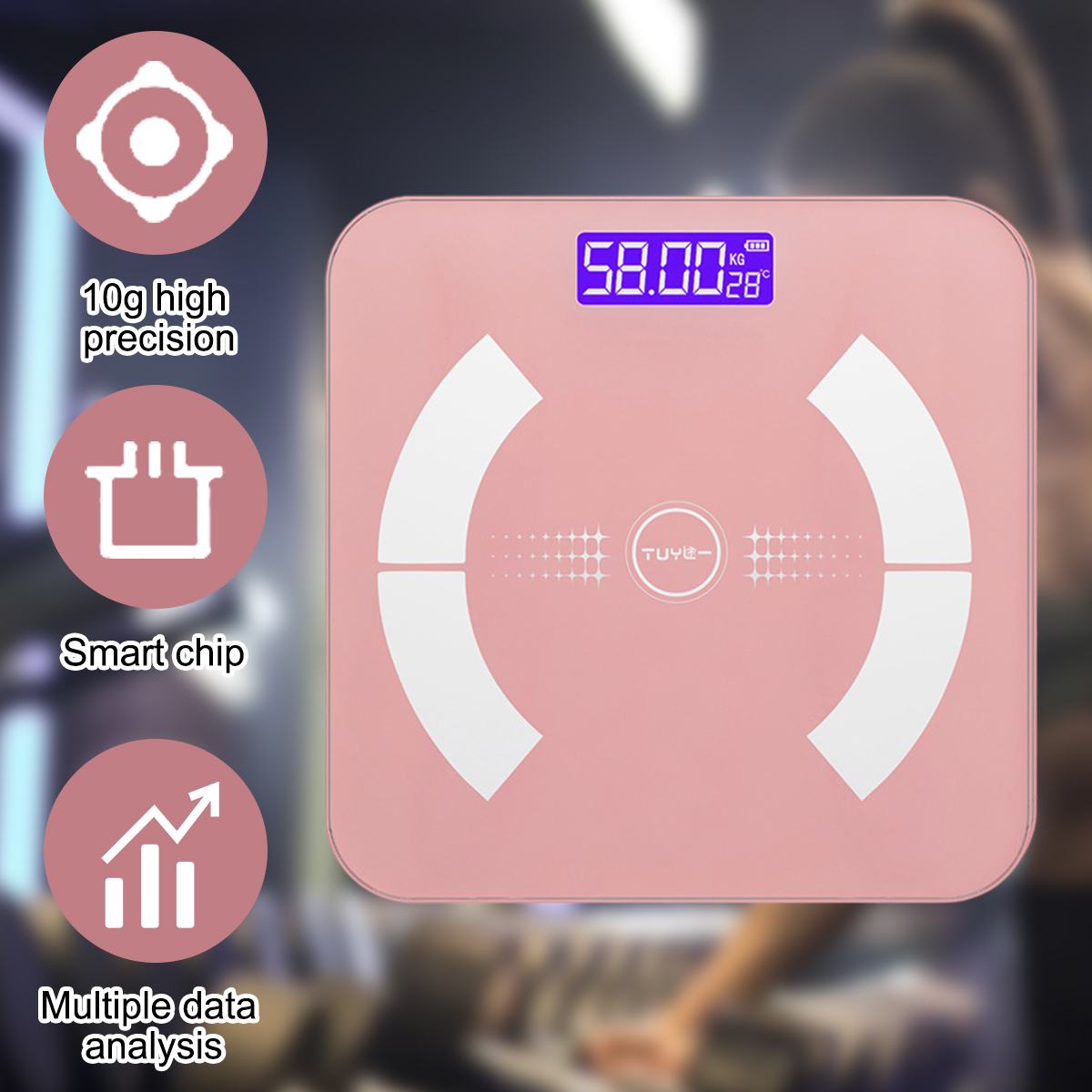 Rosa Digitalwaage zeigt 58,00 kg. Merkmale sind hohe Präzision, Smart Chip und Mehrfachdatenanalyse. Hintergrund unscharf.