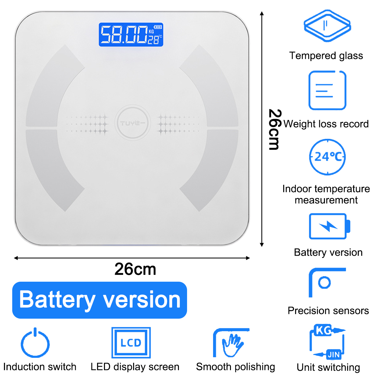 Eine weiße digitale Badezimmerwaage zeigt 58,00 kg und 28 Grad an. Zu den Merkmalen gehören Batterieversion, LCD und Temperatur.