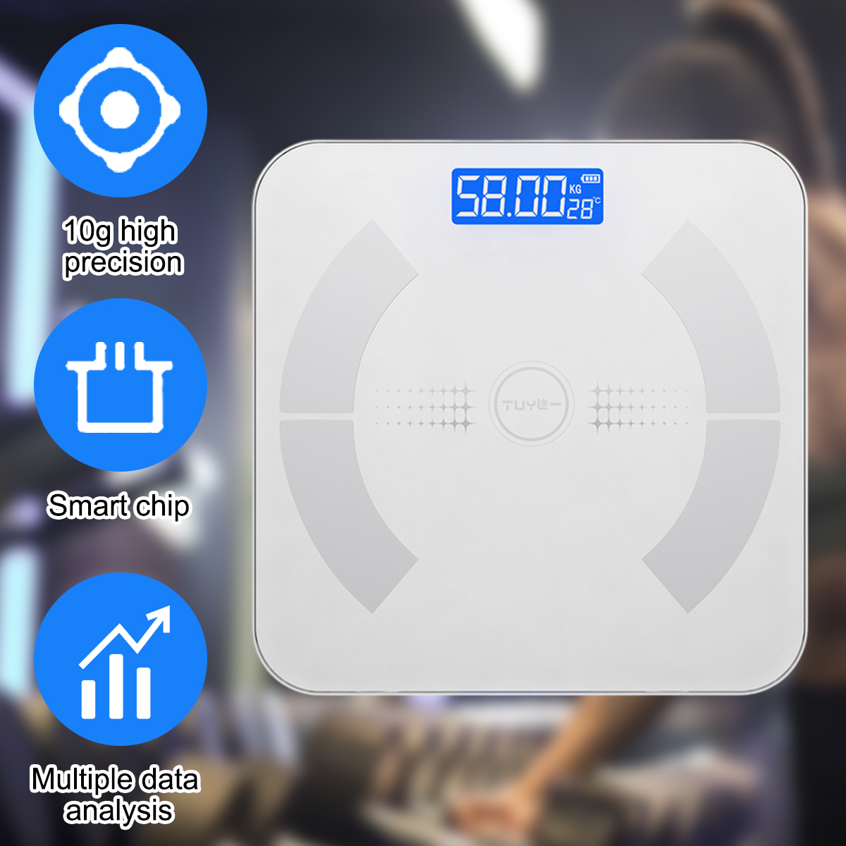 Eine weiße digitale Badezimmerwaage zeigt 58,00 kg und 28°C an. Blaue Kreise zeigen Funktionen: hohe Präzision, Smart Chip und Datenanalyse.