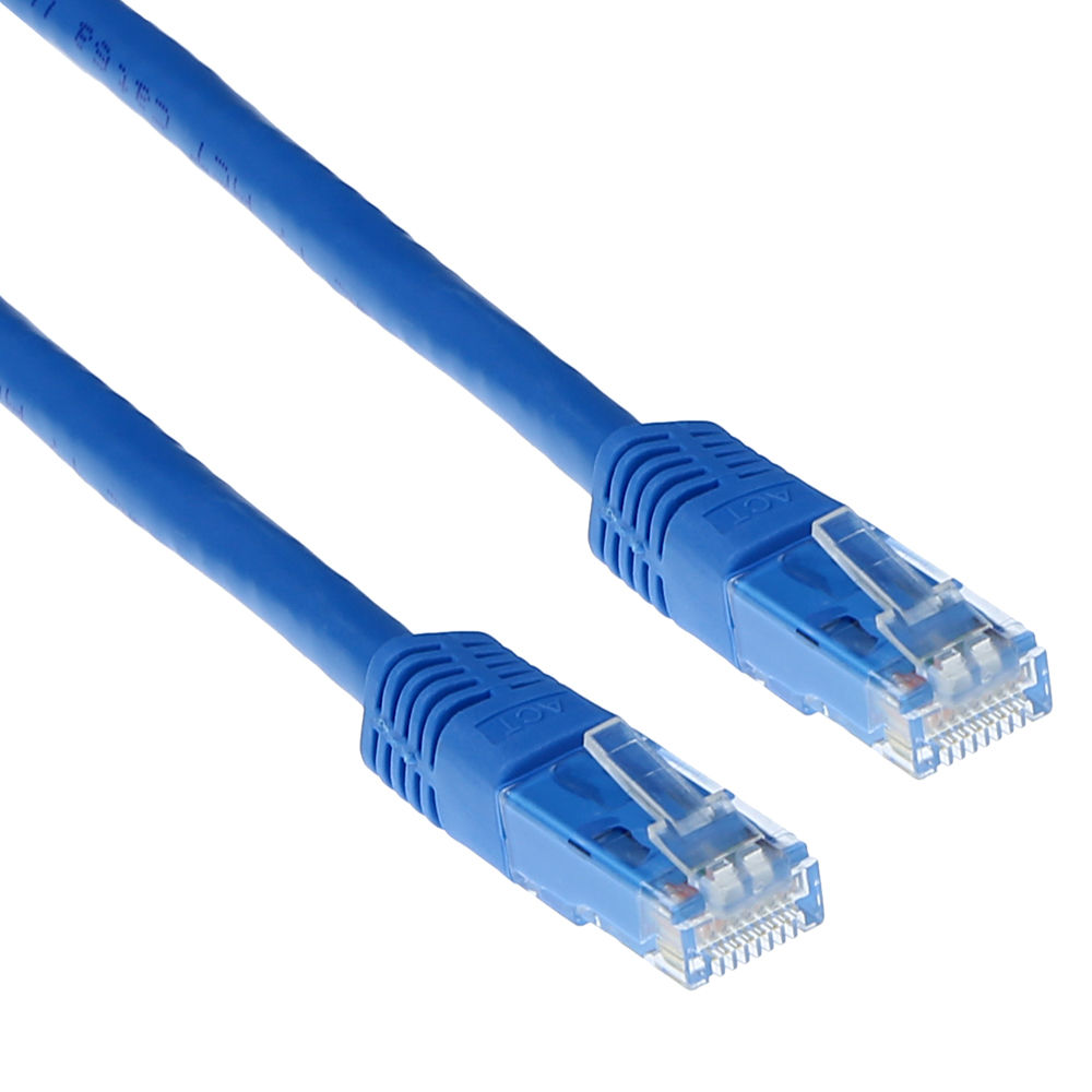 Twee blauwe Ethernetkabels met transparante connectoren, schuin naar rechtsboven, tegen een witte achtergrond.