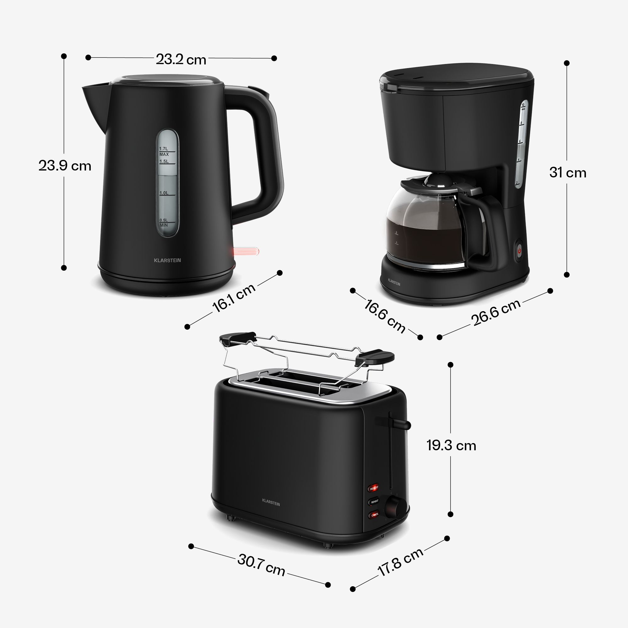 Drei schwarze Küchengeräte: ein Wasserkocher, eine Kaffeemaschine und ein Toaster. Abmessungen sind angegeben.