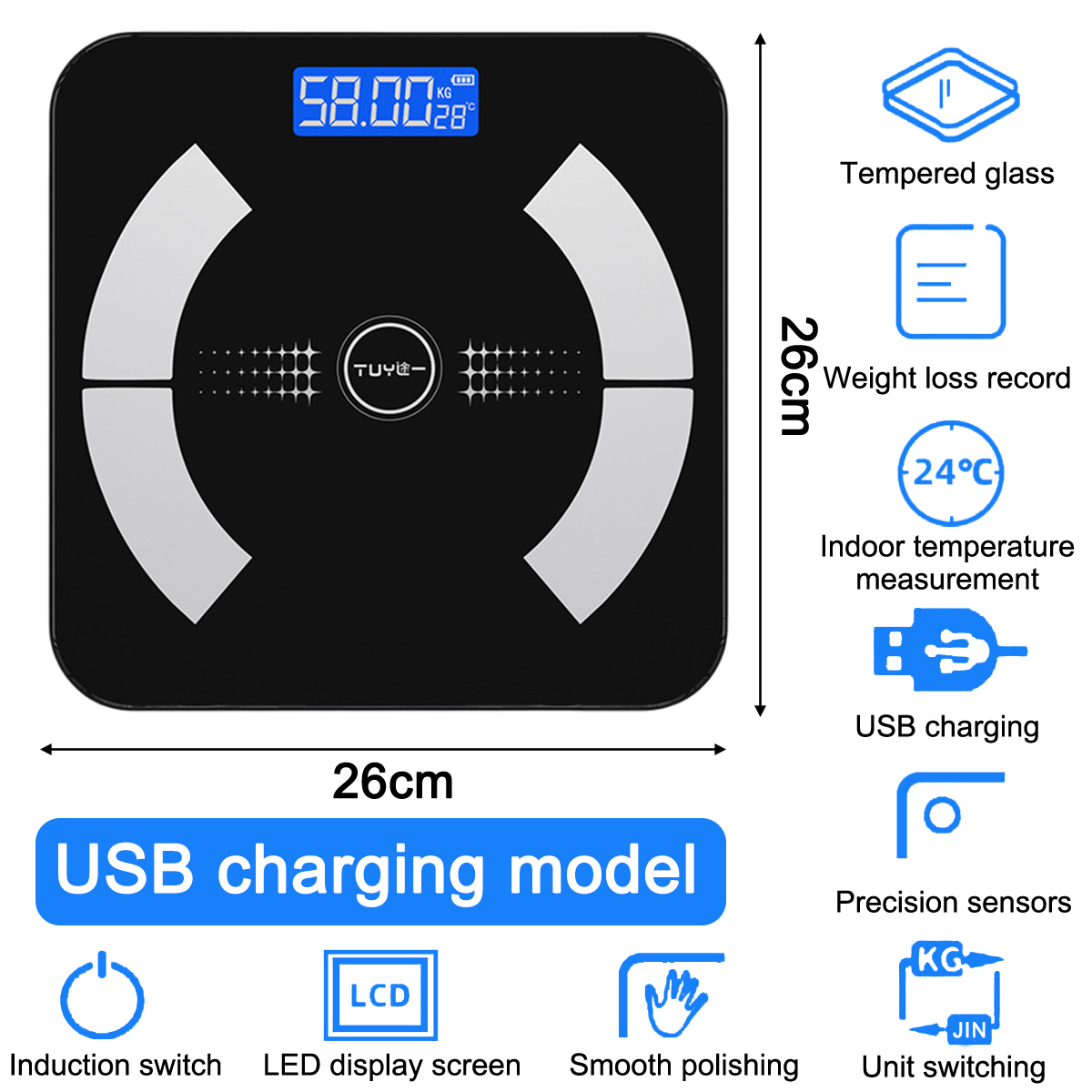 Schwarze Digitalwaage mit weißen Akzenten. Zeigt Gewicht, Temperatur und verfügt über USB-Aufladung.