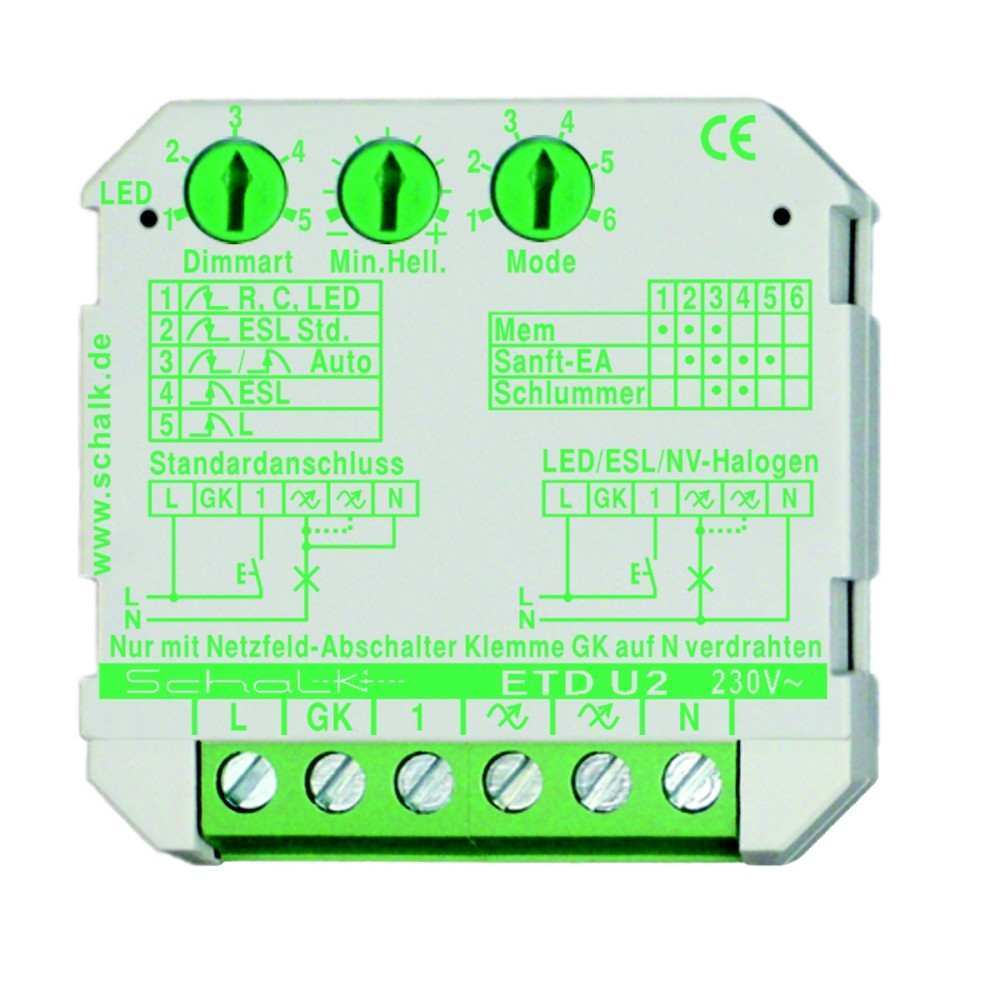 Un componente elettrico bianco con dettagli verdi. Ha quadranti, etichette e punti di connessione. Il testo include 'LED', 'Mode' e 'ETD U2'.