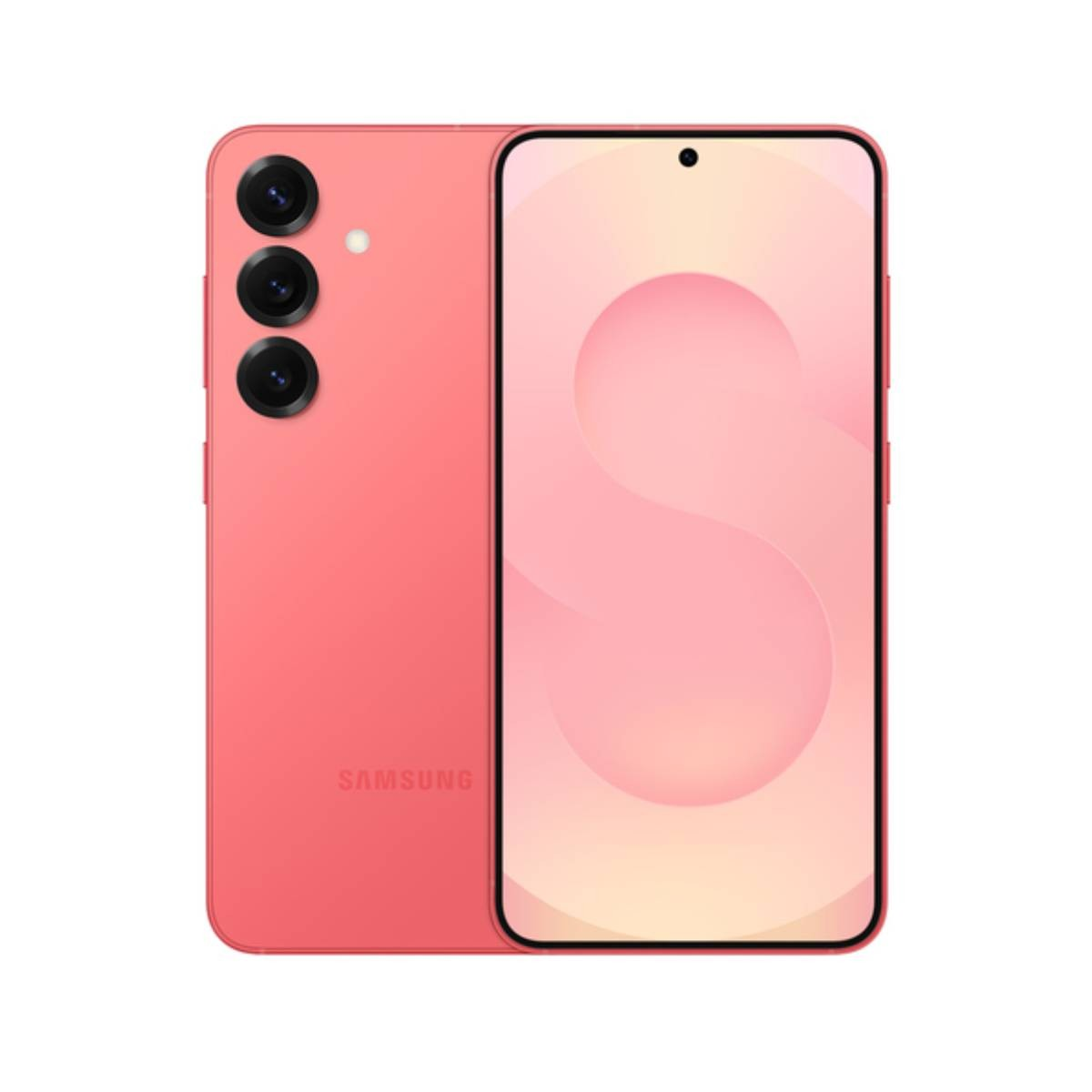 Wyświetlany jest koralowy smartfon. Z tyłu znajdują się trzy aparaty, a ekran wyświetla jasnoróżowy wzór wirowy.