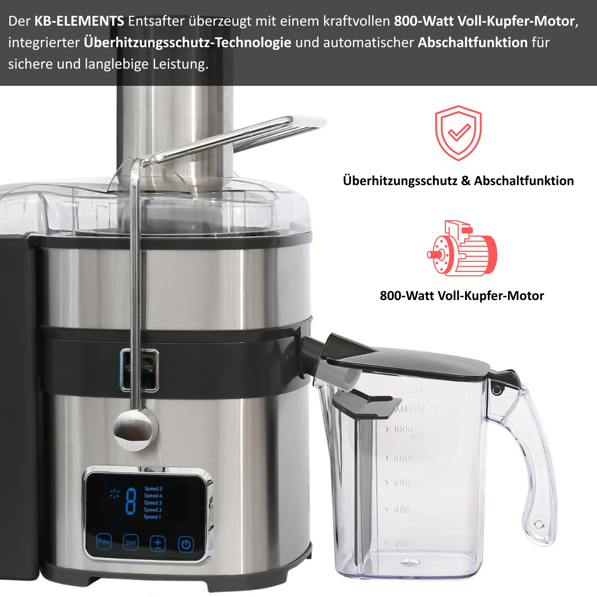 Entsafter, metallisch mit schwarzen Akzenten, klarer Krug und Digitalanzeige. Verfügt über einen 800-Watt-Motor.