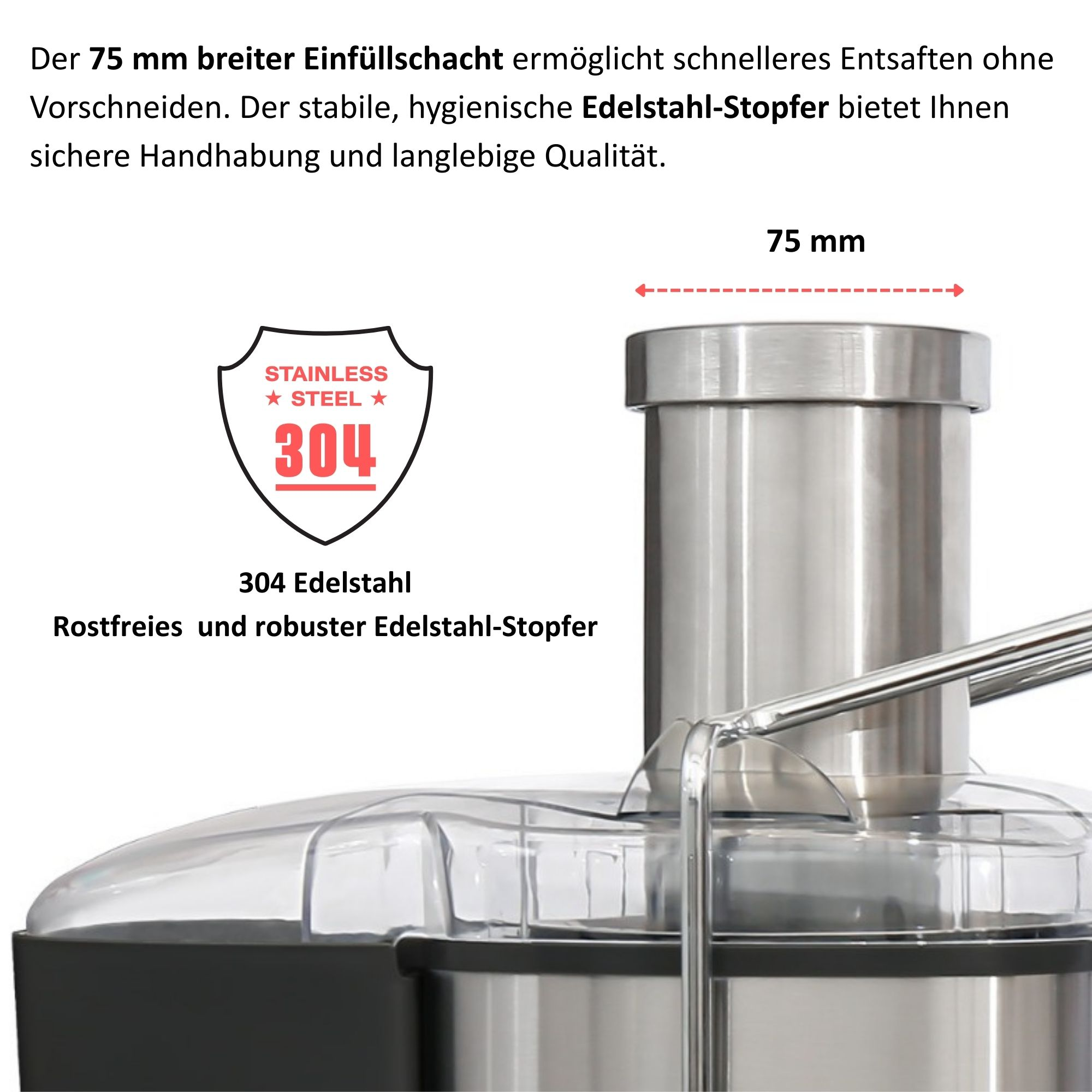 Detail eines Entsafters. Edelstahlzylinder mit klarer Abdeckung. Text: Edelstahl 304, 75mm und Text auf Deutsch.
