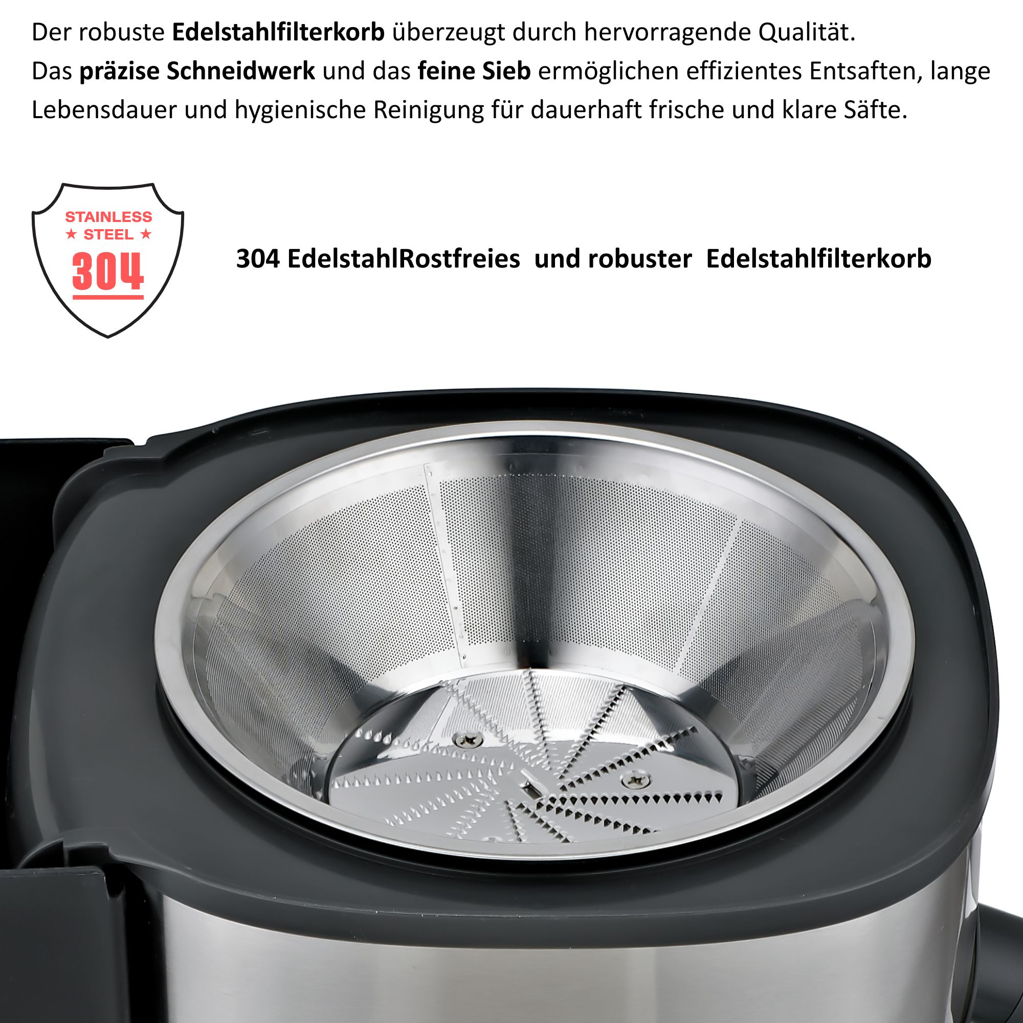 Nahaufnahme eines Edelstahl-Entsafterfilters. Er hat ein Siebgitter, Klingen und ist mit '304 Edelstahl' beschriftet.