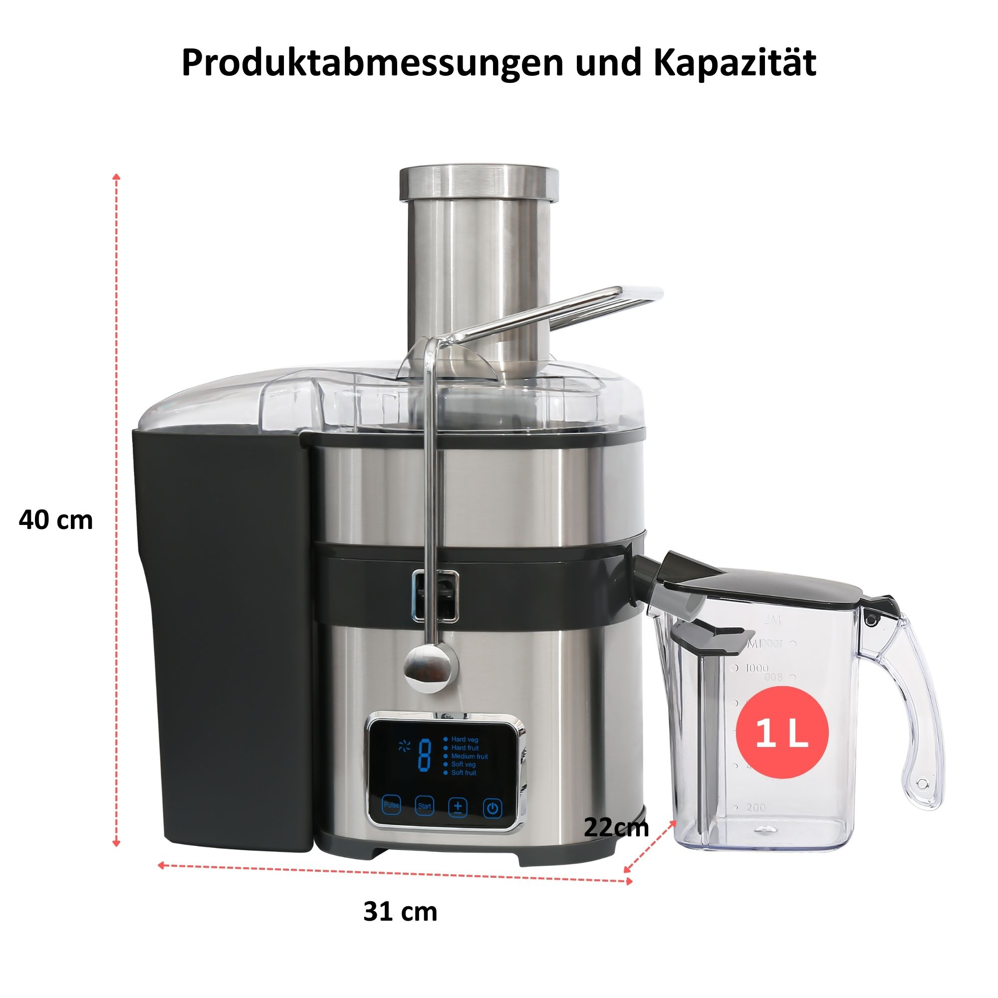 Ein silberner Entsafter mit schwarzem Sockel und einem transparenten Messbecher. Abmessungen werden angezeigt. Text: Produktabmessungen und Kapazität.