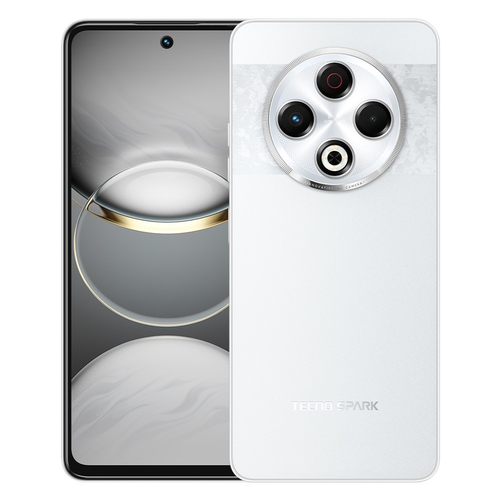 Beyaz bir Tecno Spark akıllı telefon. Dört lensli büyük bir kamera modülüne ve ön kameraya sahip. Ekran bir gradyan görüntülüyor.
