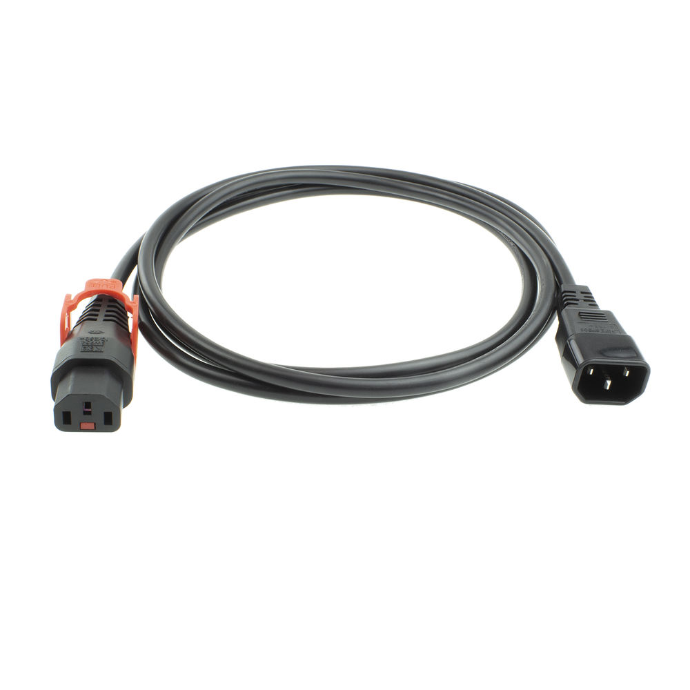 Schwarzes Netzkabel mit zwei Steckern. Ein Ende hat orangefarbene Clips, das andere hat drei Stifte. Weißer Hintergrund.