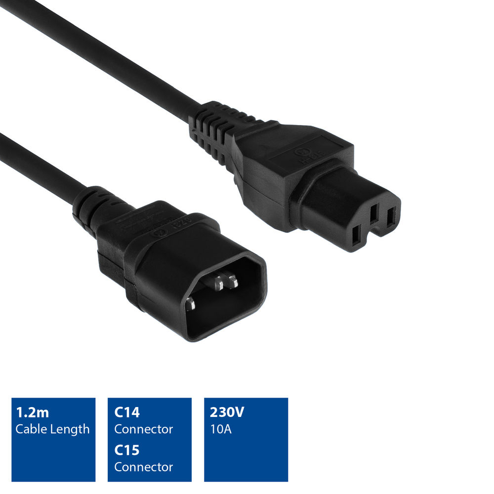 Ein schwarzes Netzkabel mit C14- und C15-Anschlüssen. Länge: 1,2 m. Spezifikationen: 230 V, 10 A.