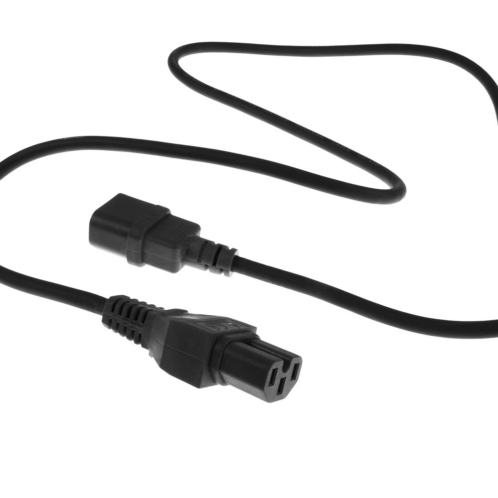 Ein schwarzes Netzkabel mit zwei Steckern wird auf weißem Hintergrund gezeigt. Ein Stecker befindet sich am Kabelende.
