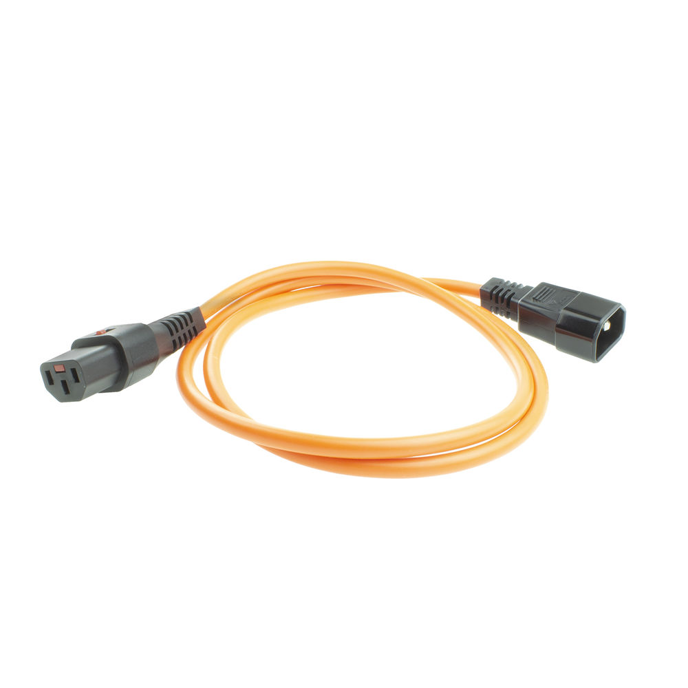 Ein oranges Stromkabel auf weißem Hintergrund. Es hat an jedem Ende einen schwarzen Stecker.