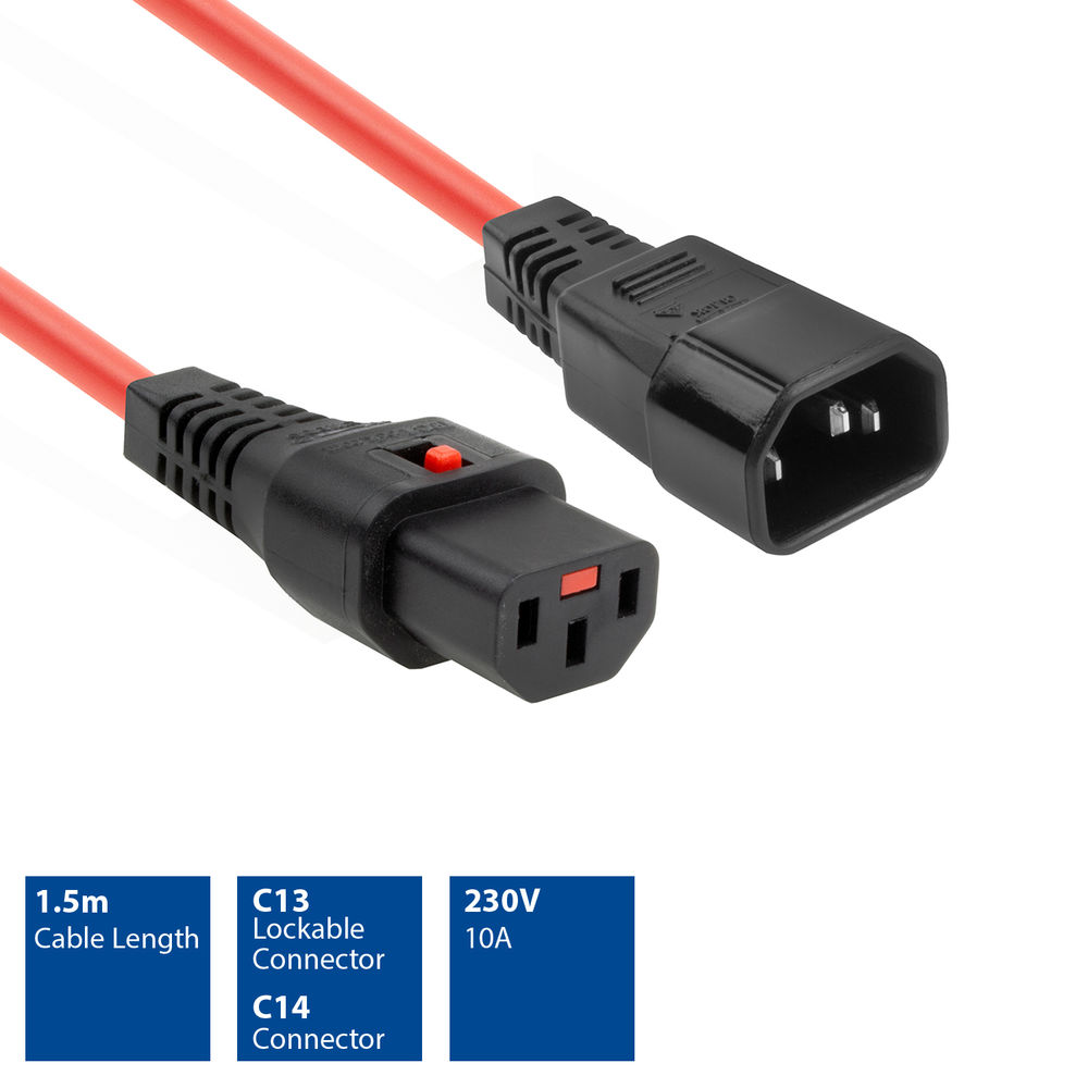 Rotes Netzkabel mit schwarzen Steckern. Merkmale sind C13-, C14-Anschlüsse, 1,5 m Länge, 230 V und 10 A.