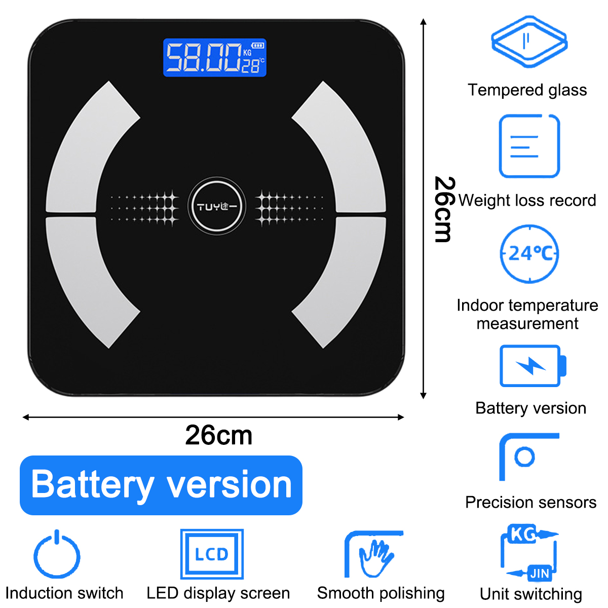 Schwarze Digitalwaage mit Gewichtsanzeige. Merkmale: gehärtetes Glas, Batterieversion, Innentemperatur.
