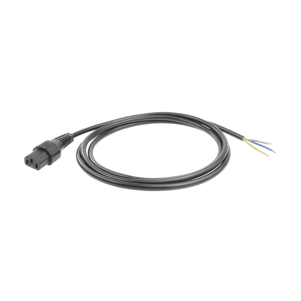 Schwarzes Netzkabel mit Stecker an einem Ende und drei farbigen Drähten am anderen, vor weißem Hintergrund.
