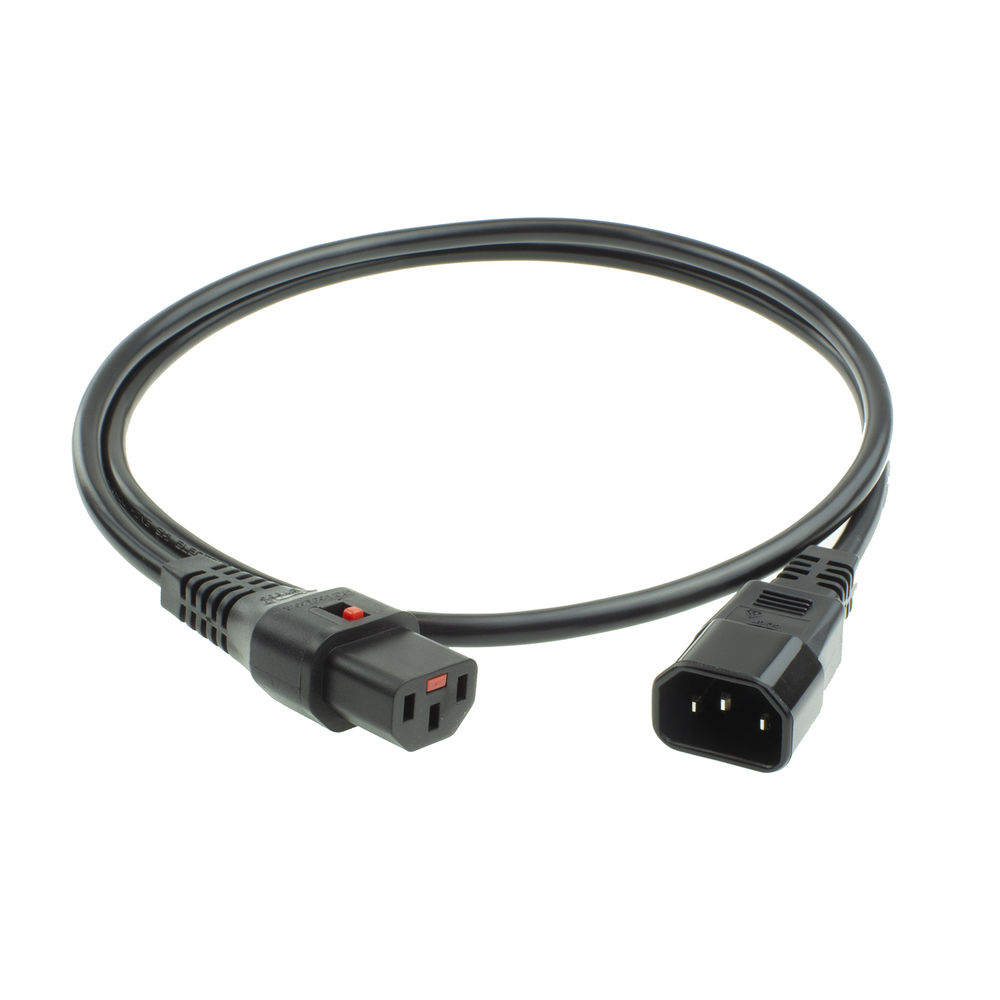 Ein schwarzes Netzkabel mit zwei Steckern. Ein Stecker hat drei Löcher, der andere drei Stifte. Isoliert auf weißem Hintergrund.