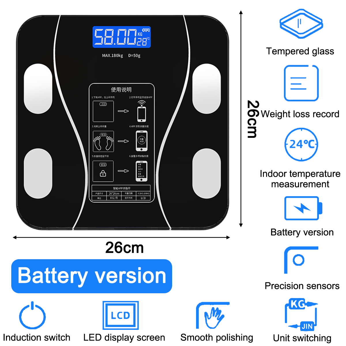 Eine schwarze Digitalwaage mit Gewichts- und Temperaturanzeige. Sie hat Mess- und Batterieinformationen und verschiedene Funktionssymbole.