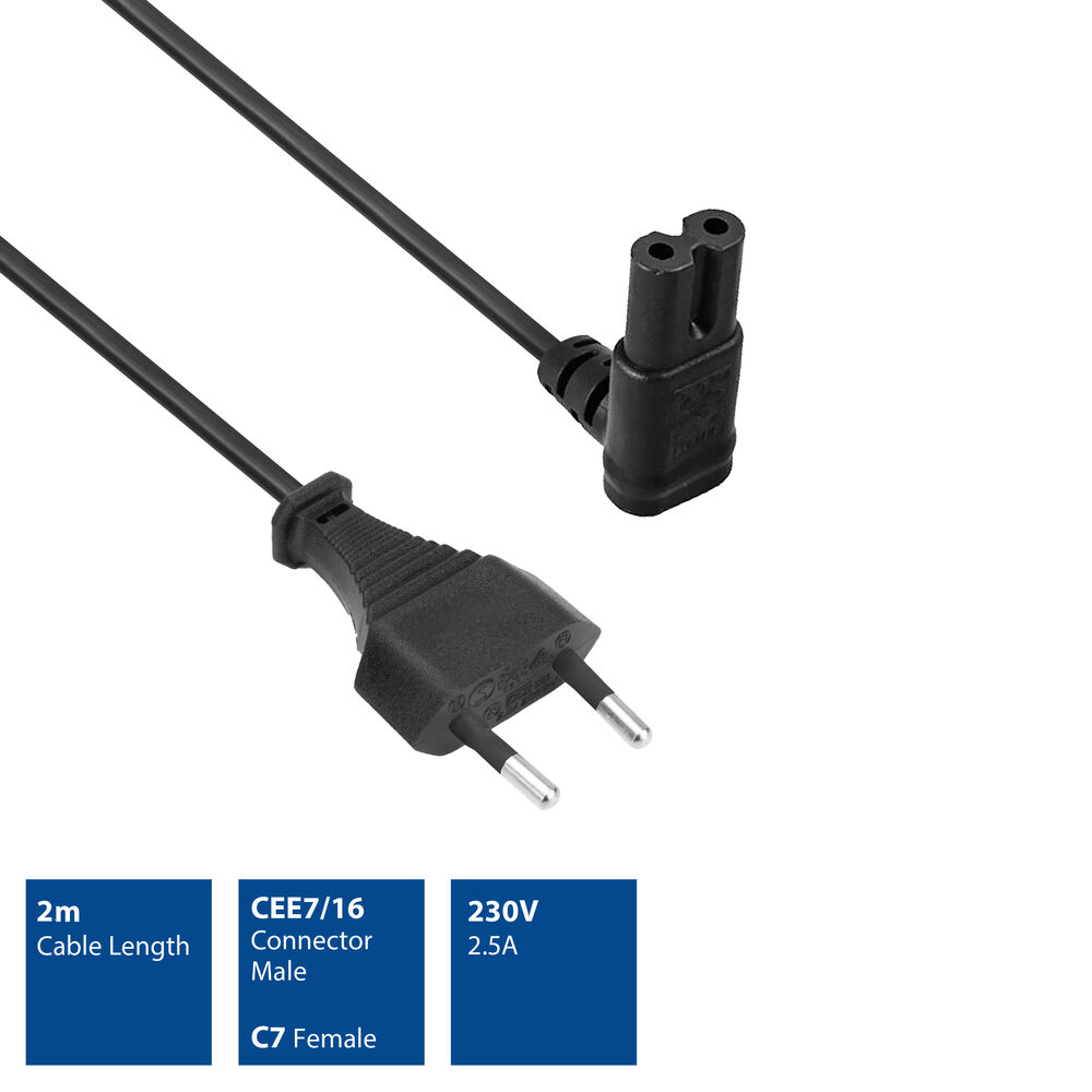 Schwarzes Stromkabel mit Stecker und Buchse. Etiketten zeigen Kabellänge, Steckertyp und Spannungs-/Stromdetails.
