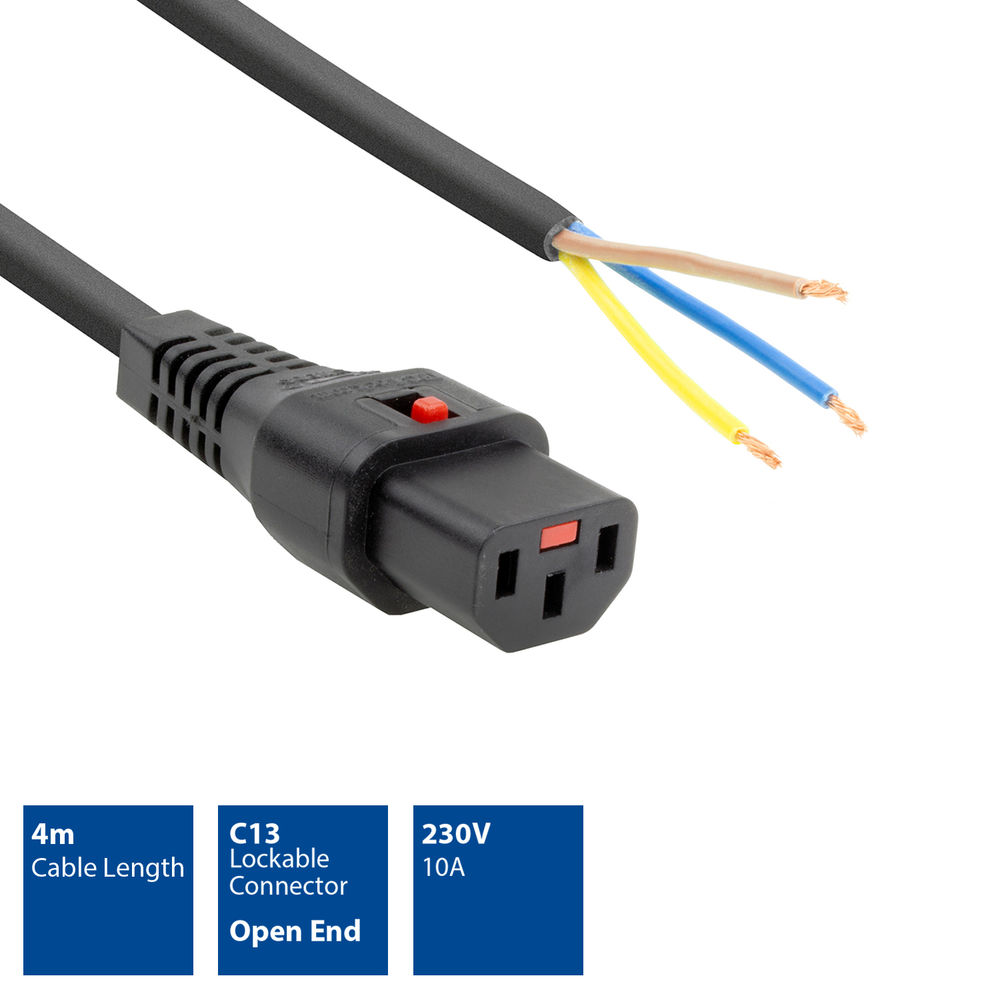 Ein schwarzes C13-Netzkabel mit offenem Ende, das farbige Drähte zeigt. Spezifikationen werden auf blauen Kästen angezeigt.