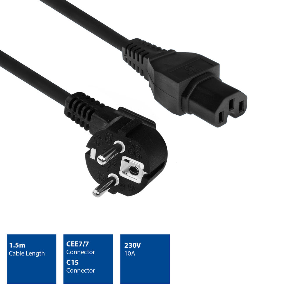 Schwarzes Stromkabel mit CEE7/7- und C15-Steckern. Kabellänge 1,5 m, 230 V, 10 A. Stecker an beiden Enden.