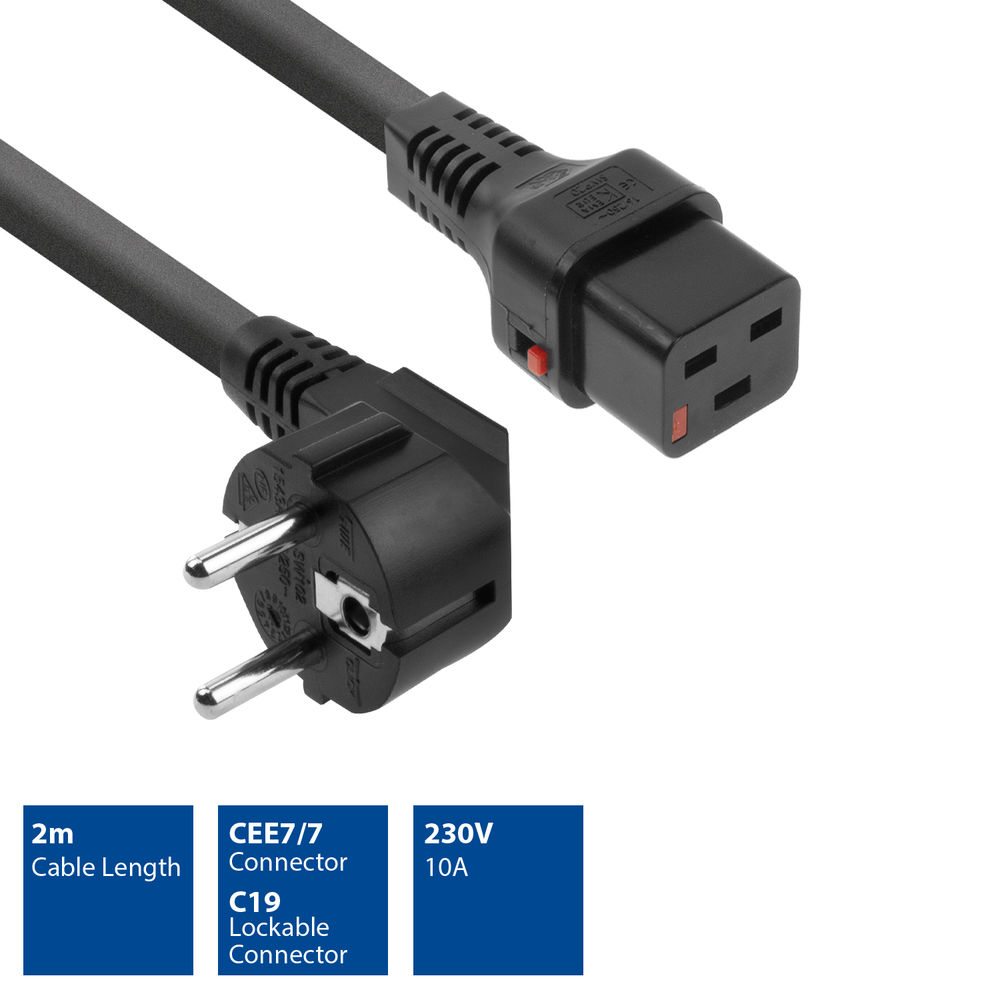 Schwarzes Netzkabel mit CEE7/7-Stecker und C19-Verriegelungsanschluss. Spezifikationen: 2m Kabel, 230V, 10A.