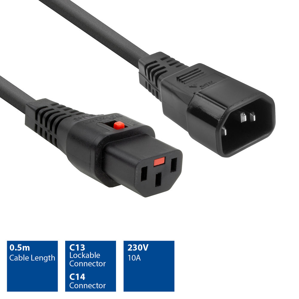 Zwei schwarze Stromanschlüsse mit Kabel. Einer hat einen roten Knopf. Blaue Kästchen mit Text zeigen Kabellänge, Steckertyp, Spannung und Stromstärke.