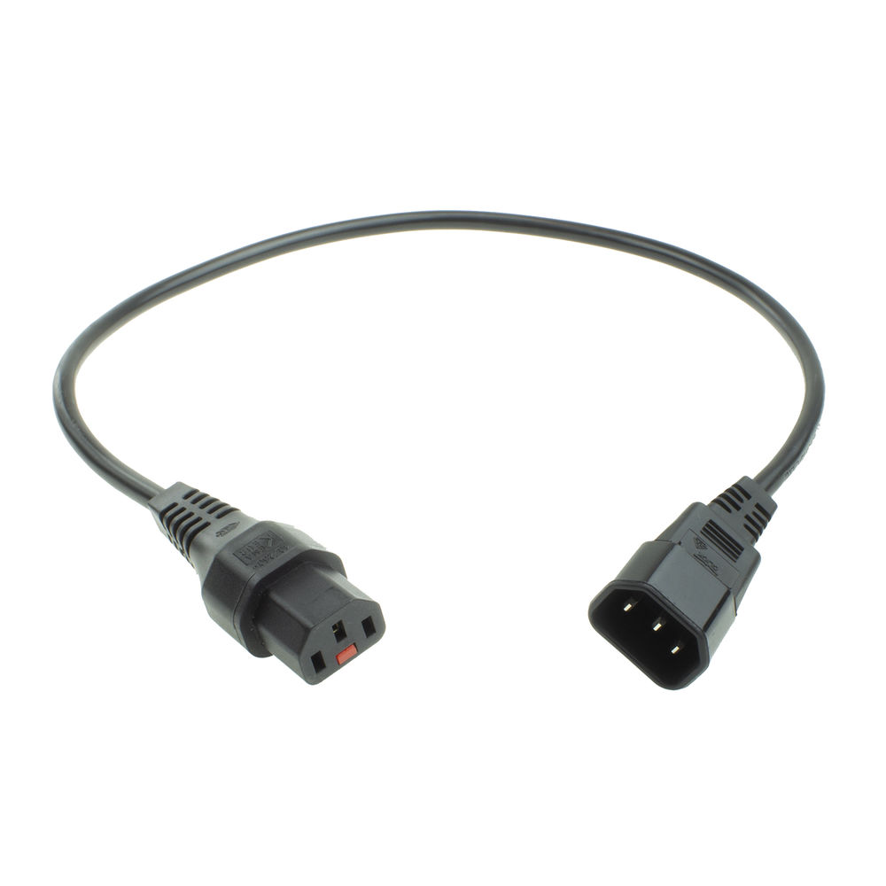Ein schwarzes Netzkabel mit zwei Anschlüssen. Einer ist ein Stecker, der andere eine Buchse, verbunden durch ein flexibles schwarzes Kabel, auf weißem Hintergrund.