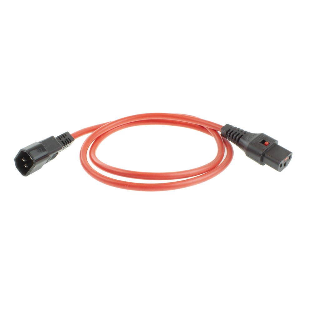Ein rotes Netzkabel mit schwarzen Steckern an beiden Enden liegt auf einer weißen Oberfläche. Das Kabel ist gebogen.