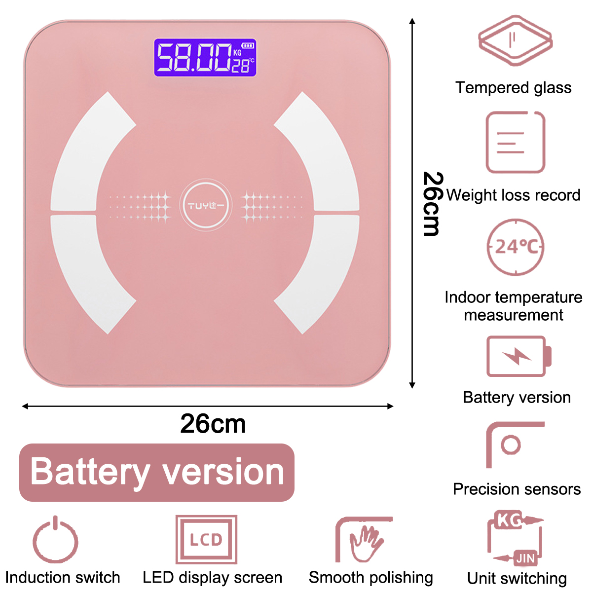 Eine rosa Digitalwaage zeigt 58,00 kg und 28 °C an. Sie hat weiße, gebogene Bereiche und verschiedene Symbole.